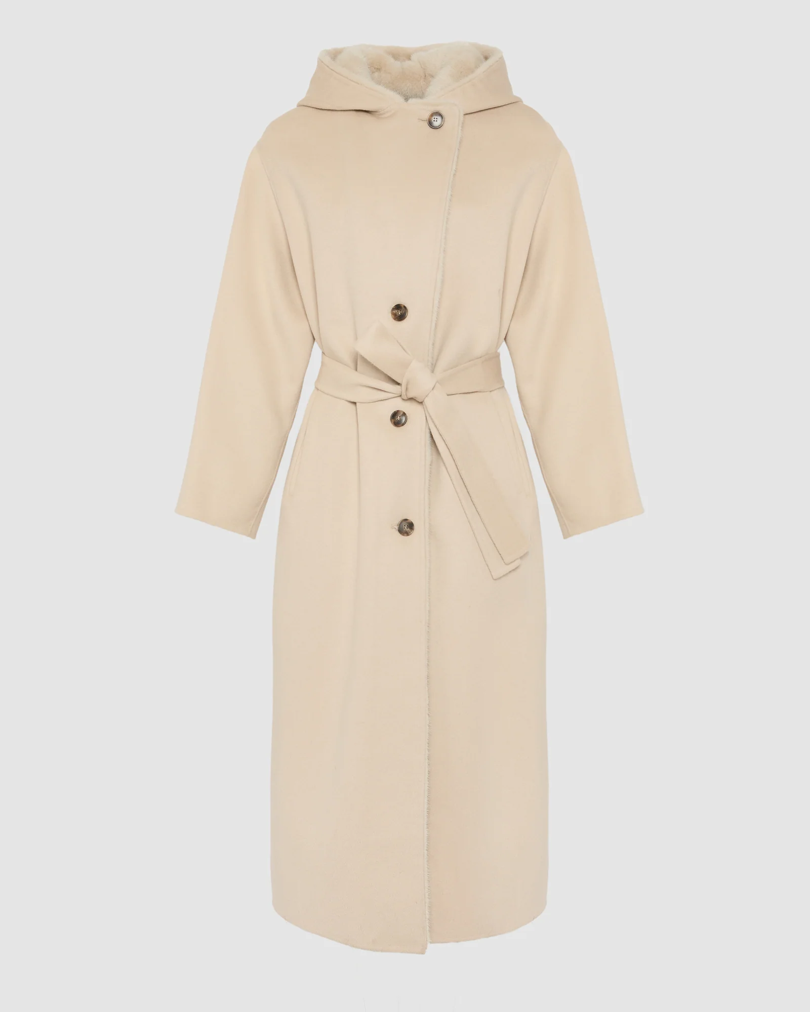 Long coat in cashmere wool with mink fur hood - Image 6