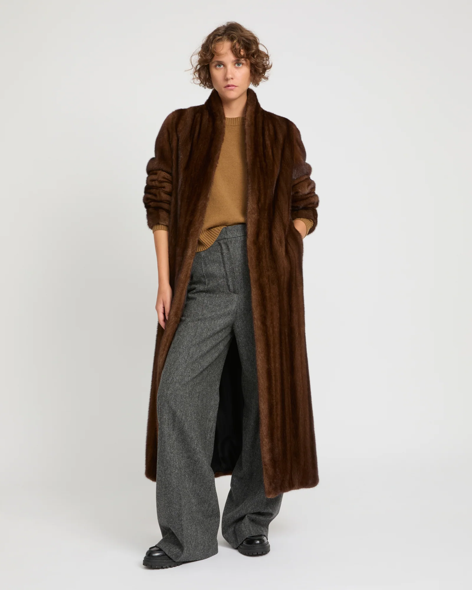 Maxi belted coat in long-haired mink fur