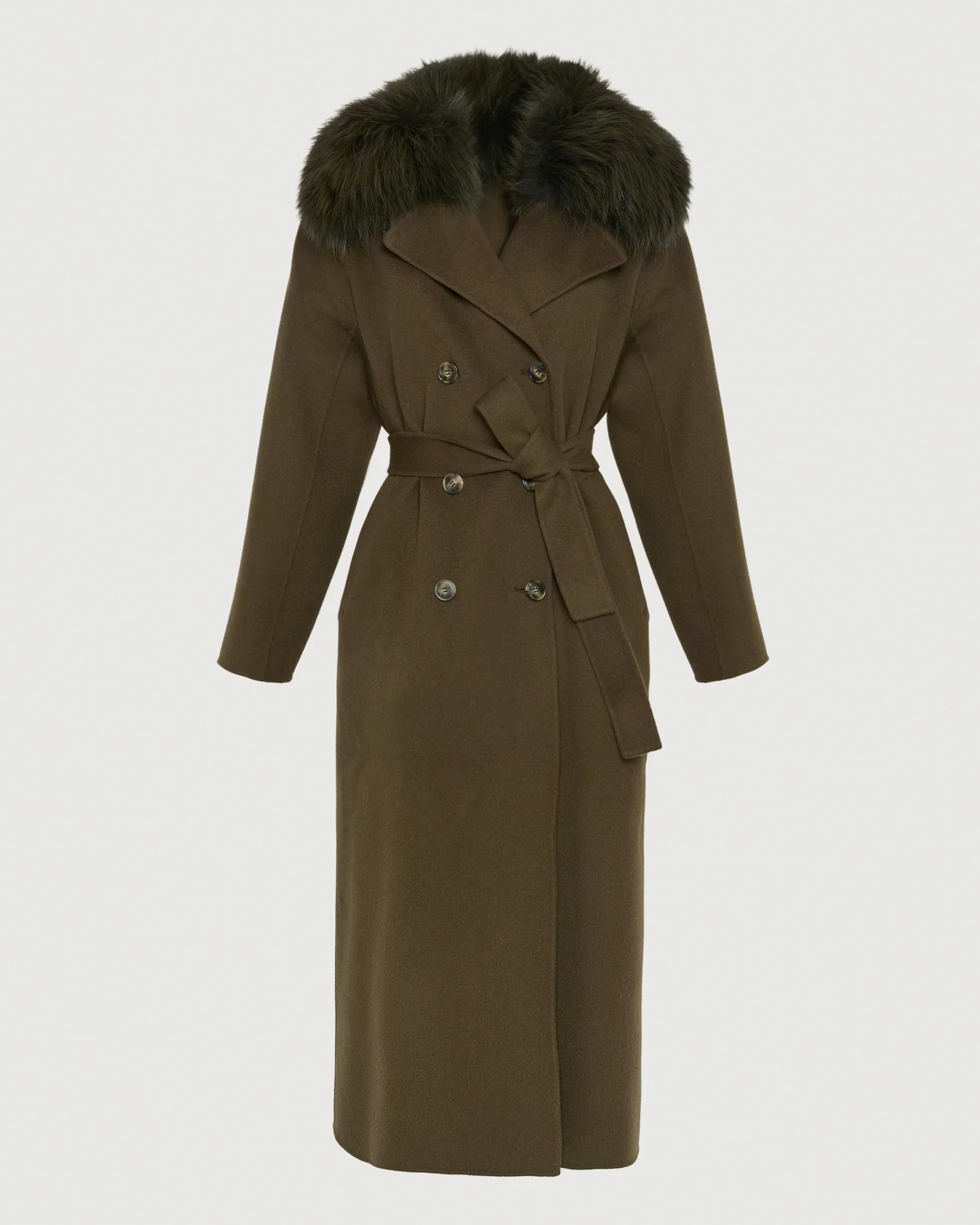 Belted long coat in cashmere wool with fox fur collar - Image 6