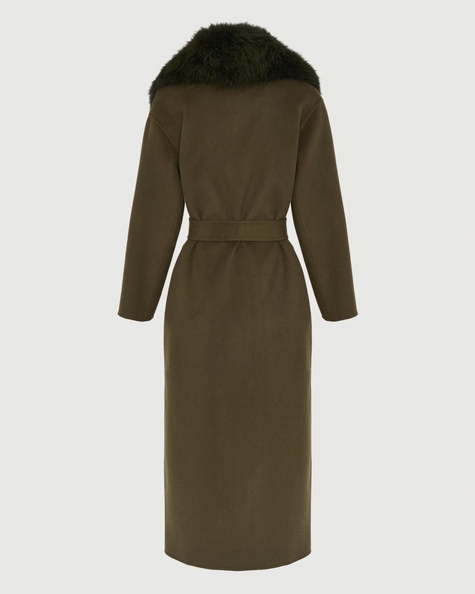 Belted long coat in cashmere wool with fox fur collar - Image 7