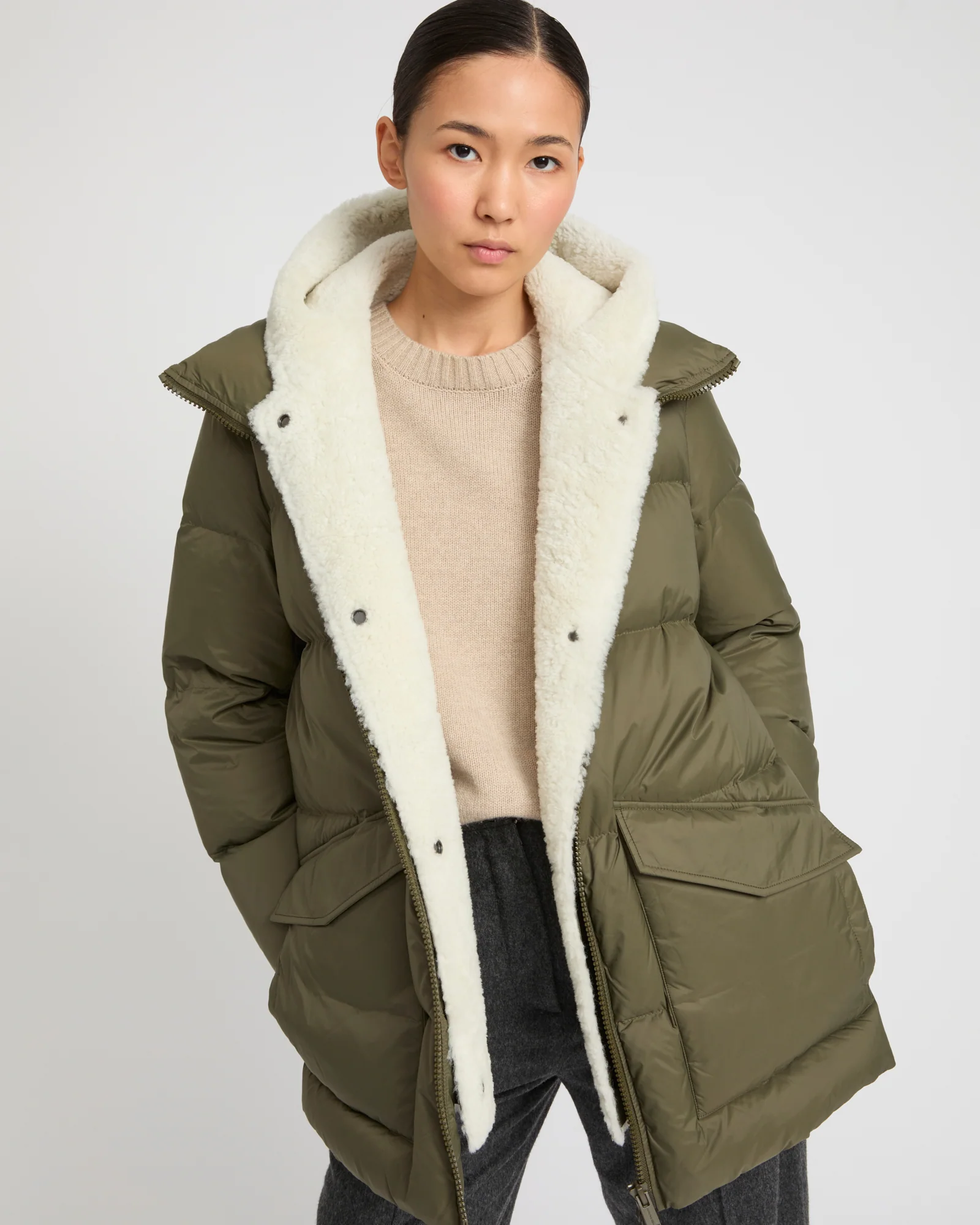 "A" line down jacket with lambskin shearling bib