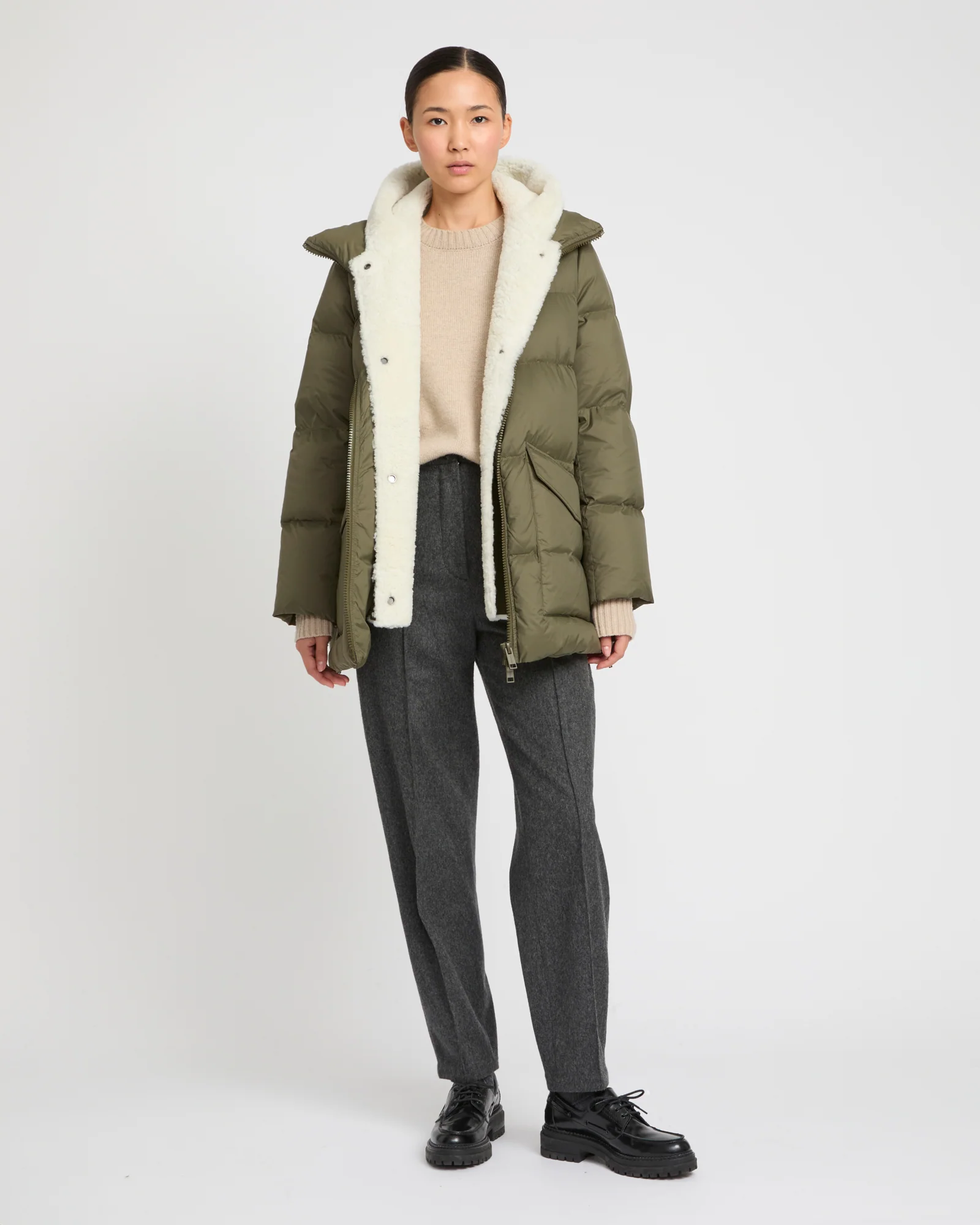 "A" line down jacket with lambskin shearling bib - Image 3