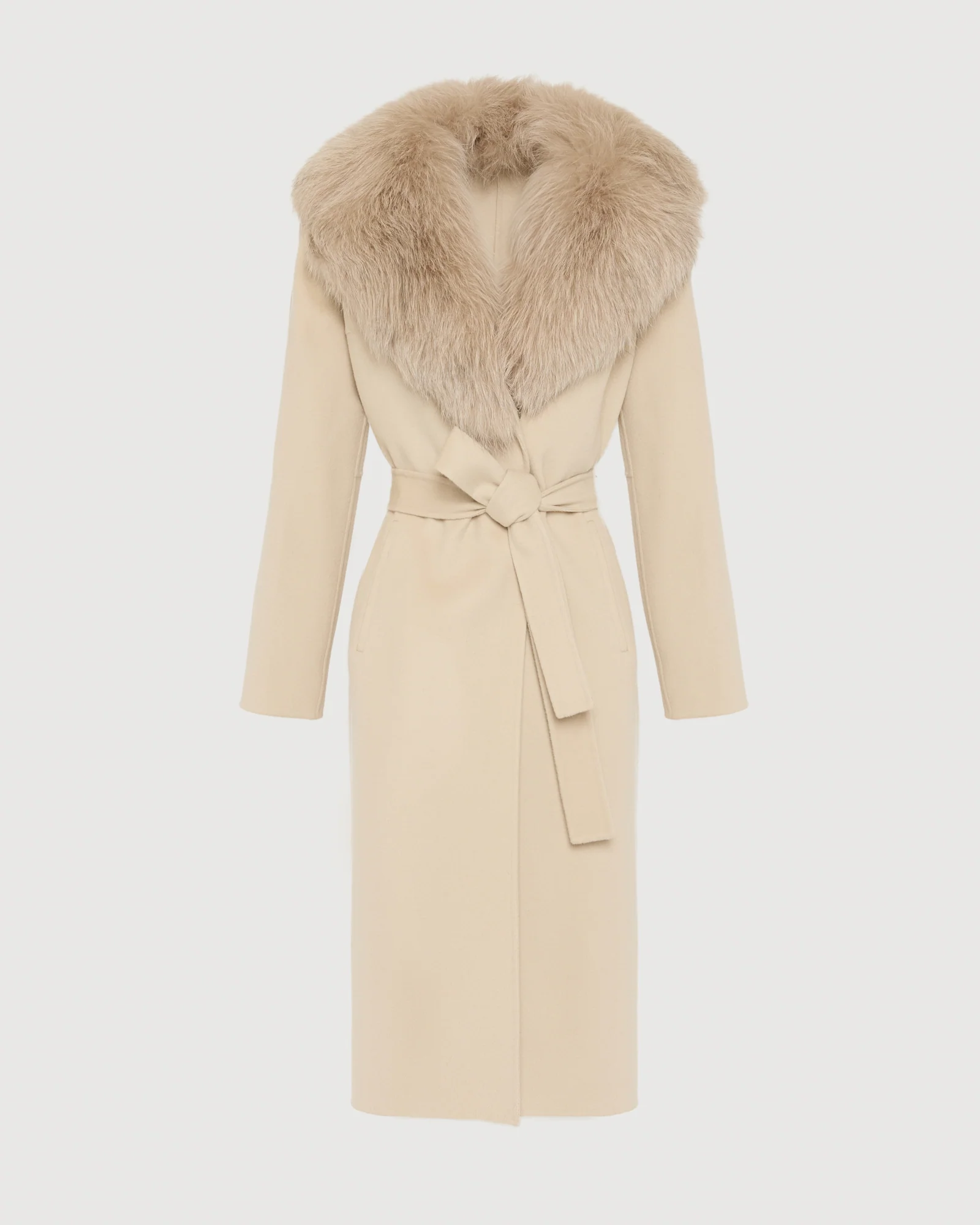 Belted coat in cashmere wool with fox fur collar and lapel - Image 5