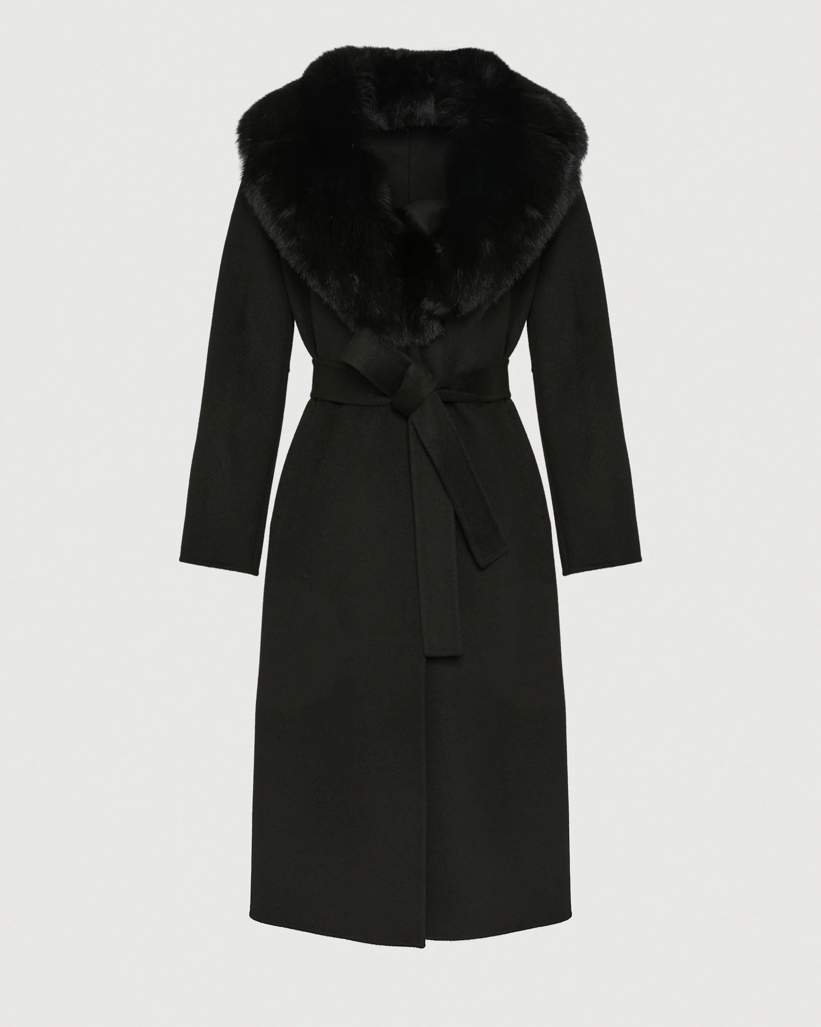 Belted coat in cashmere wool with fox fur collar and lapel - Image 6