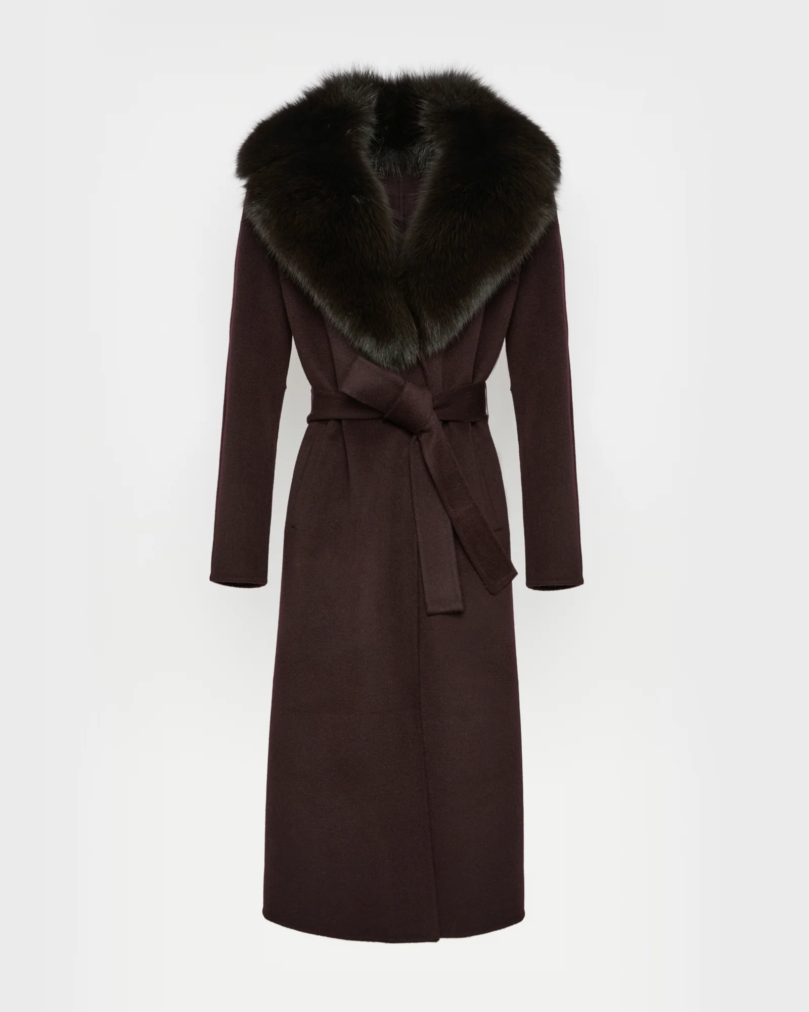 Belted coat in cashmere wool with fox fur collar and lapel - Image 4