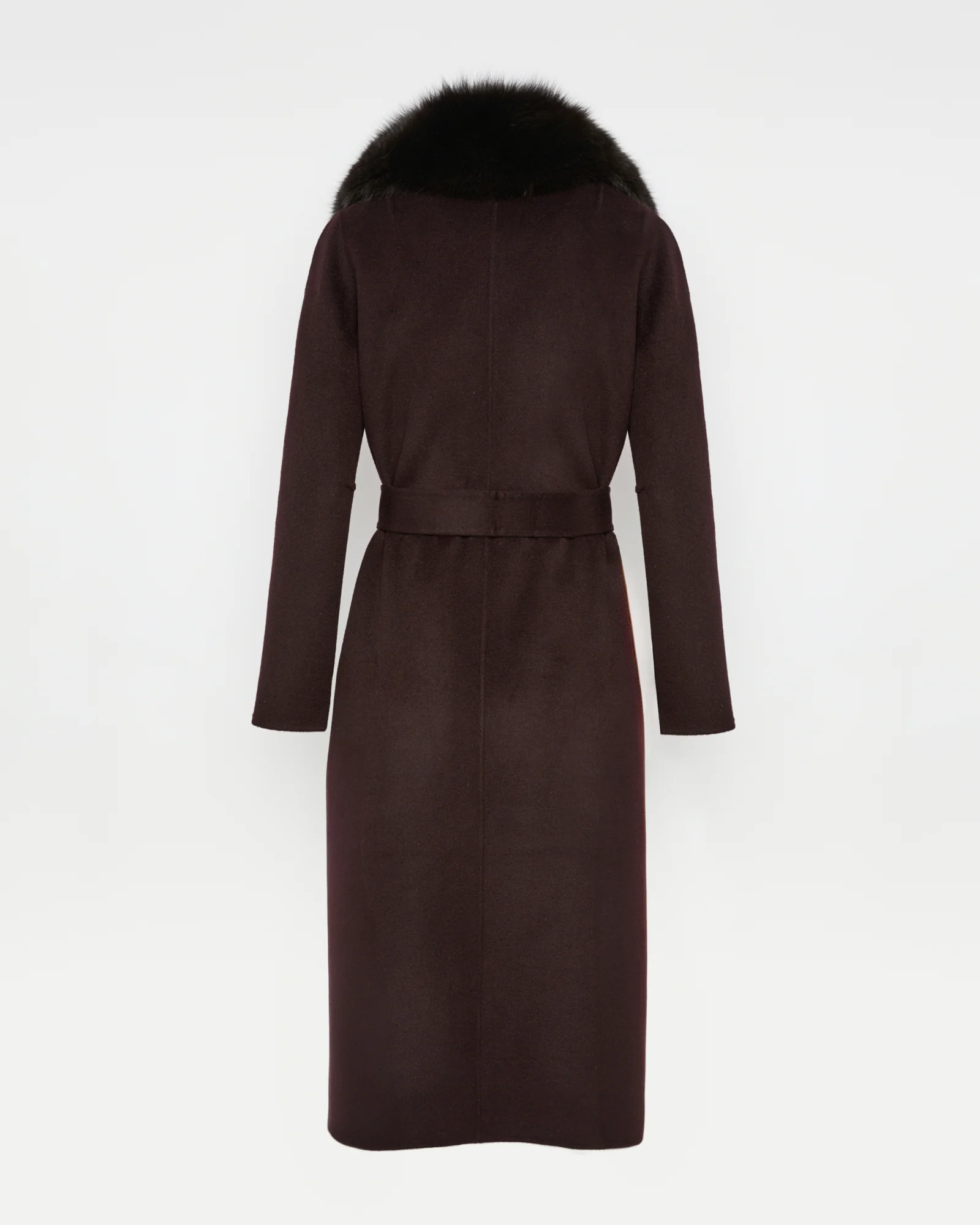 Belted coat in cashmere wool with fox fur collar and lapel - Image 5