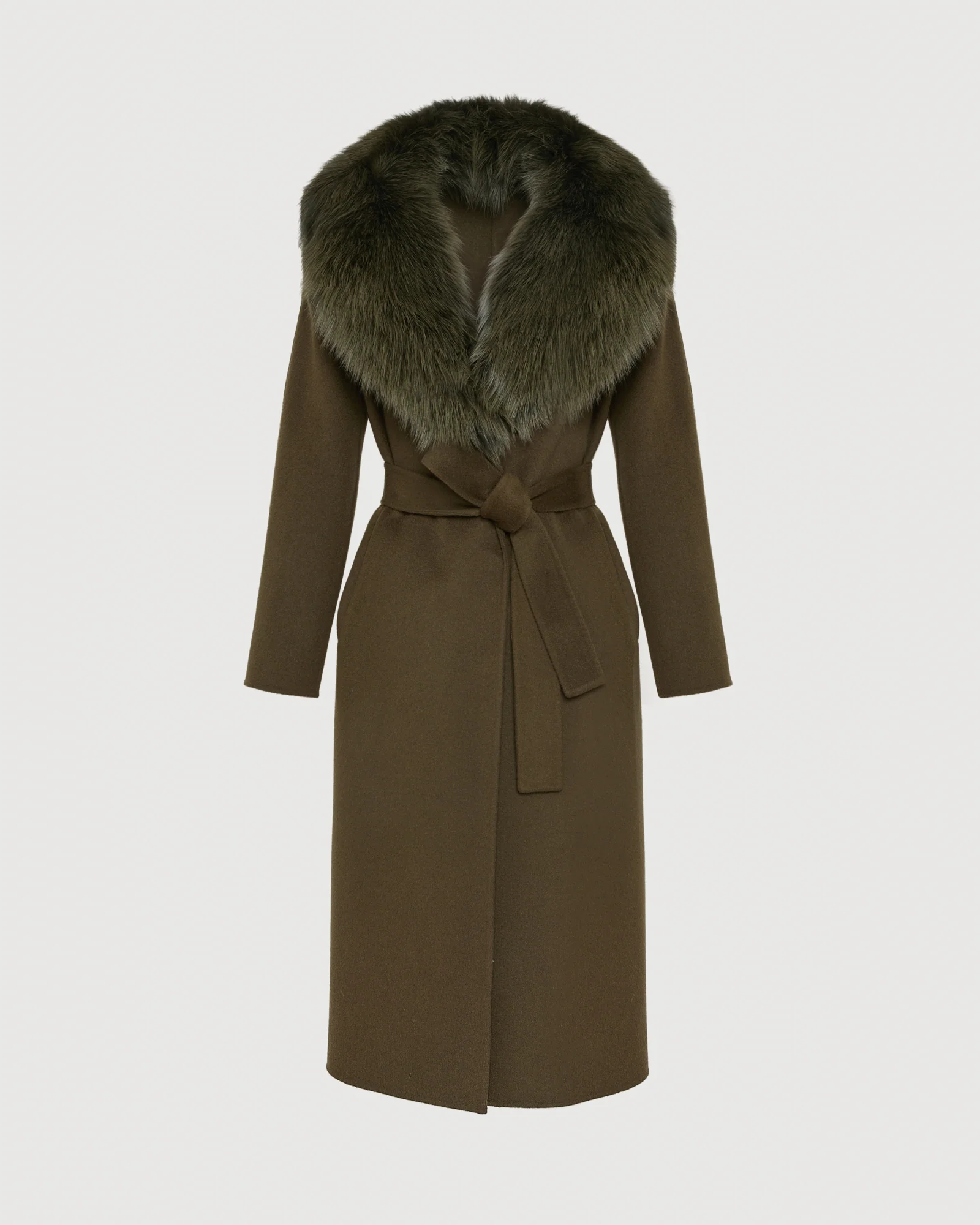 Belted coat in cashmere wool with fox fur collar and lapel - Image 6