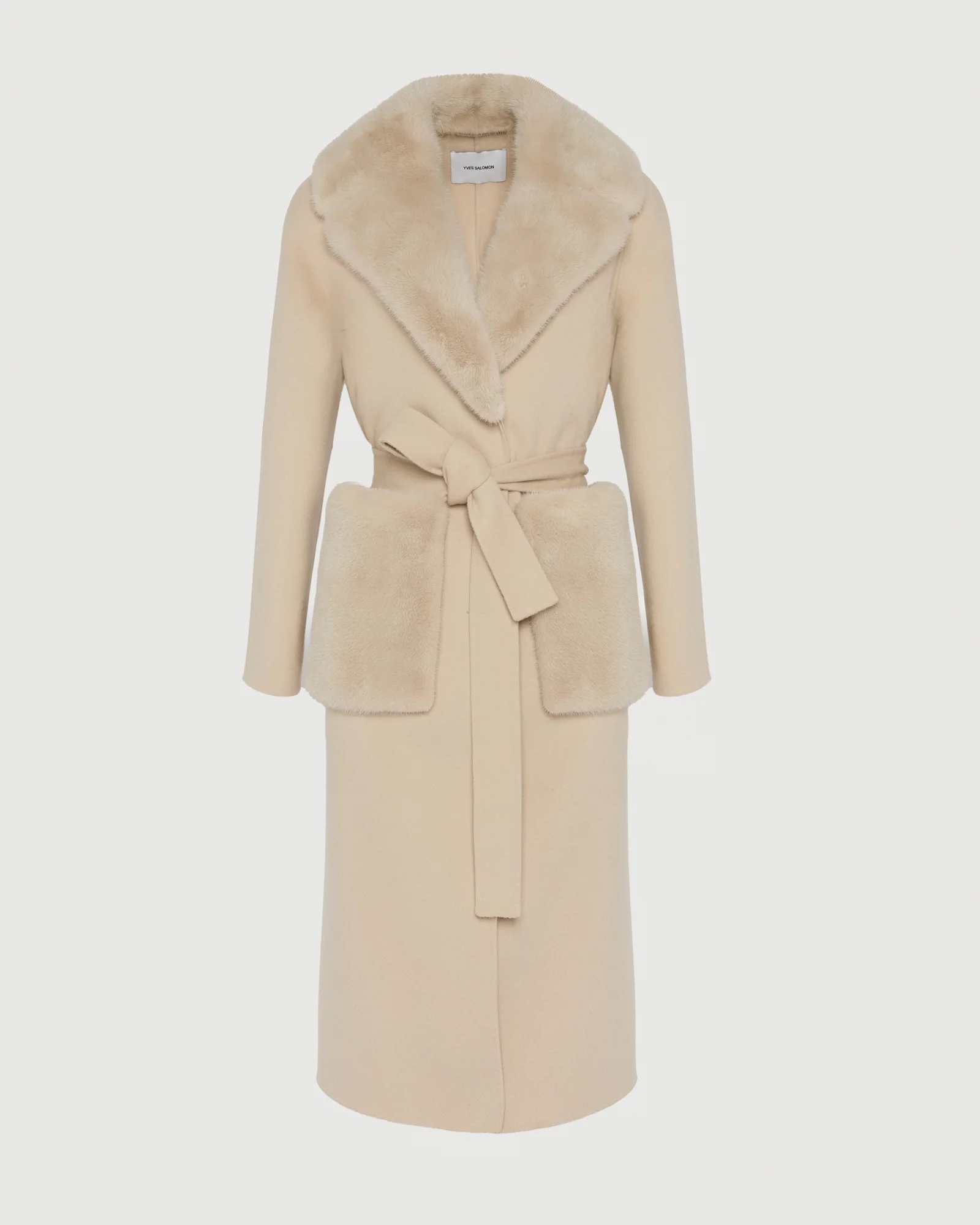 Belted long coat in cashmere wool with mink fur collar and over-pockets - Image 4