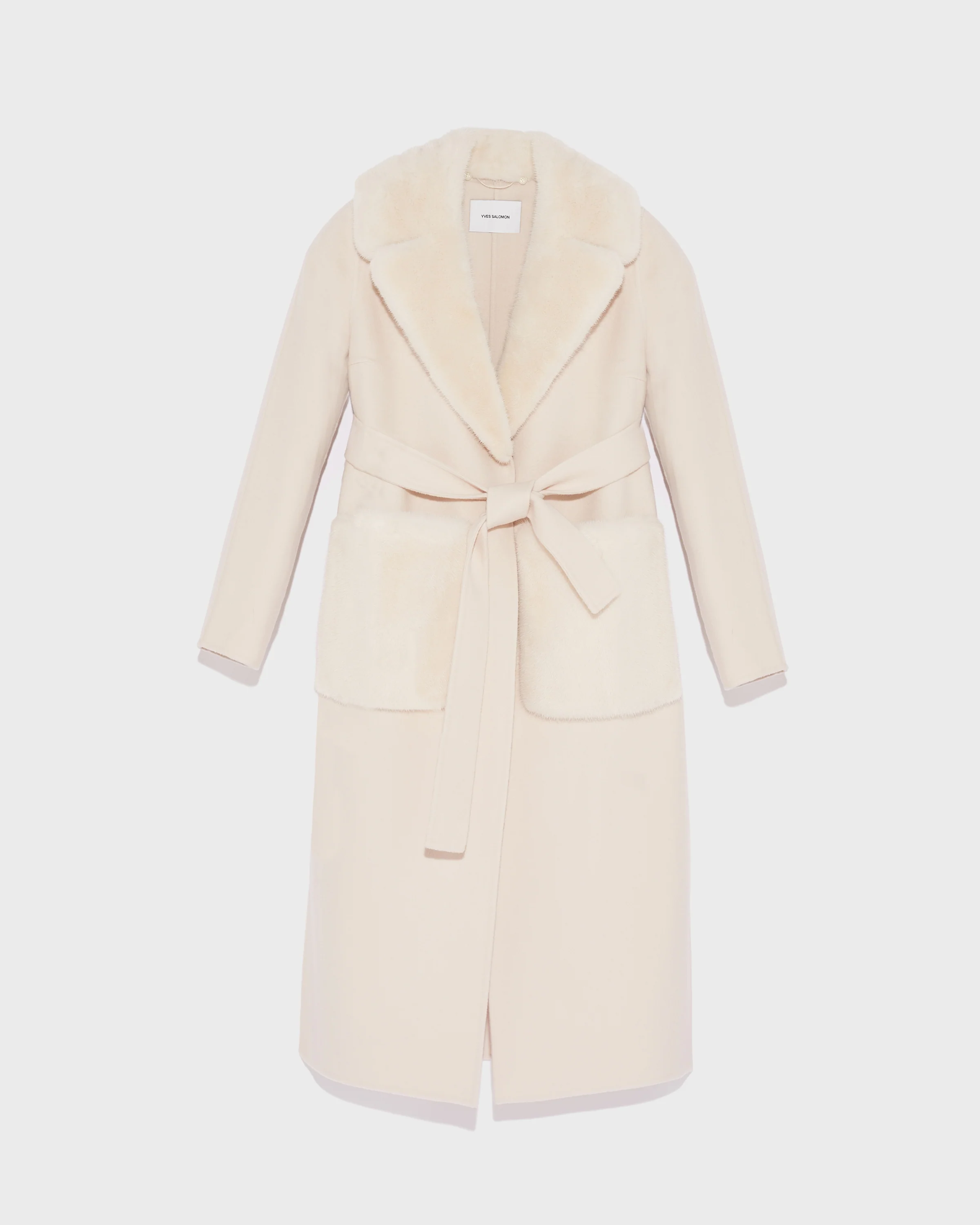 Belted long coat in cashmere wool with mink fur collar and over-pockets - Image 5