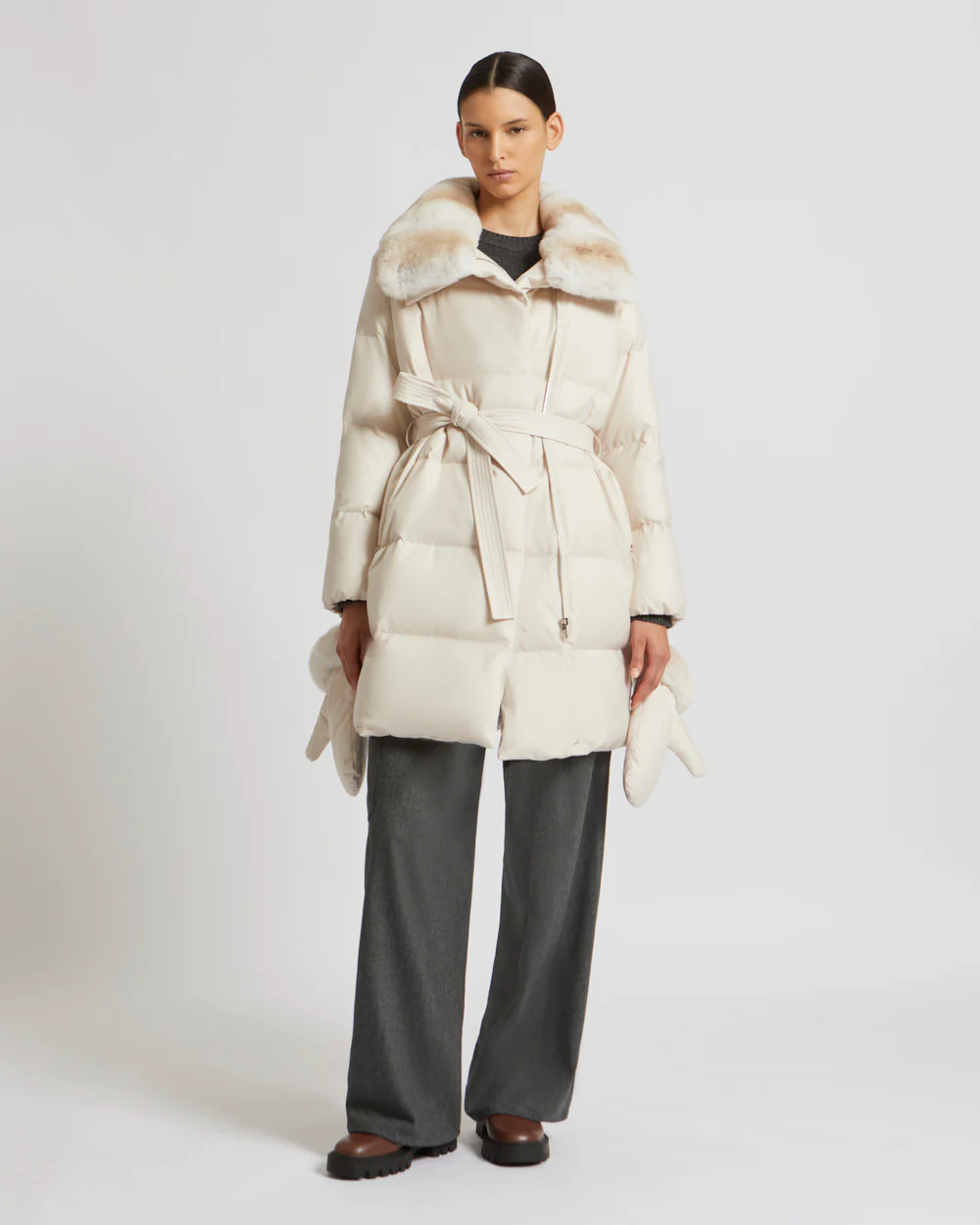 Belted down jacket in waterproof flannel fabric with chinchilla collar - Image 3