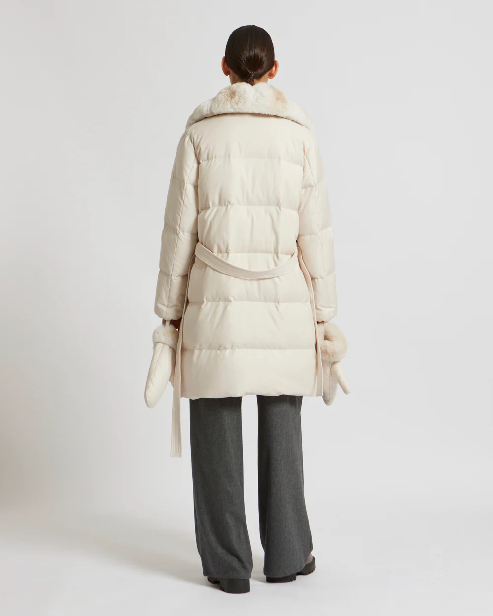 Belted down jacket in waterproof flannel fabric with chinchilla collar - Image 4