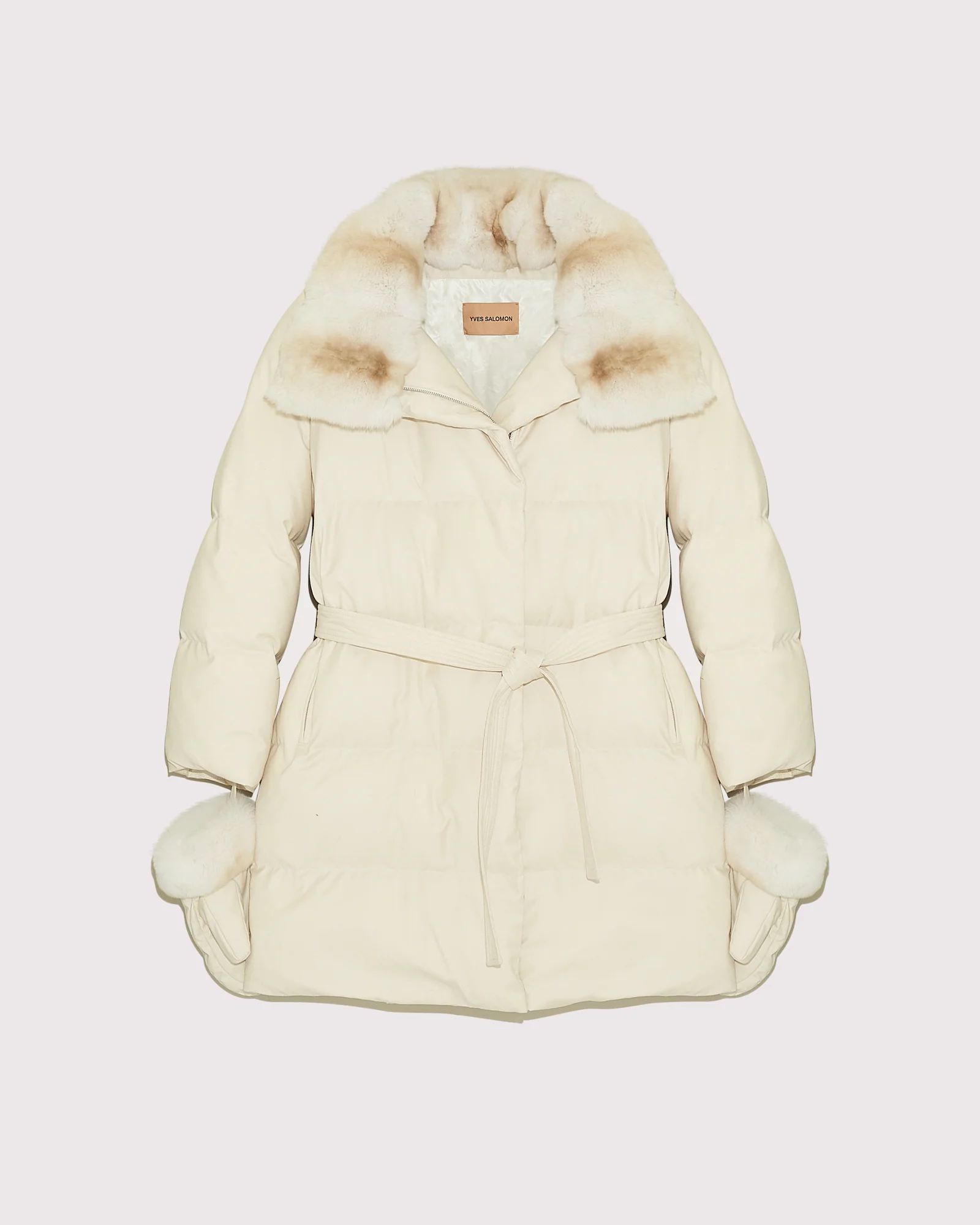 Belted down jacket in waterproof flannel fabric with chinchilla collar - Image 5