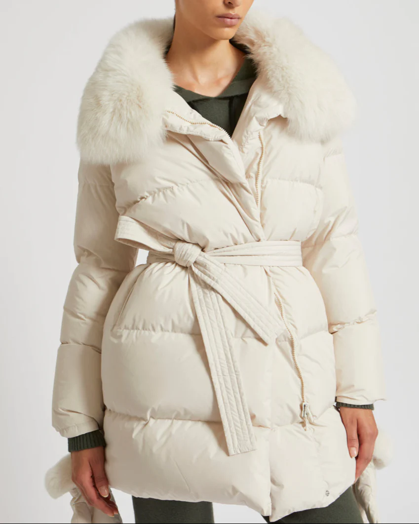 Belted down jacket in waterproof technical fabric with fox and rabbit fur - Image 3