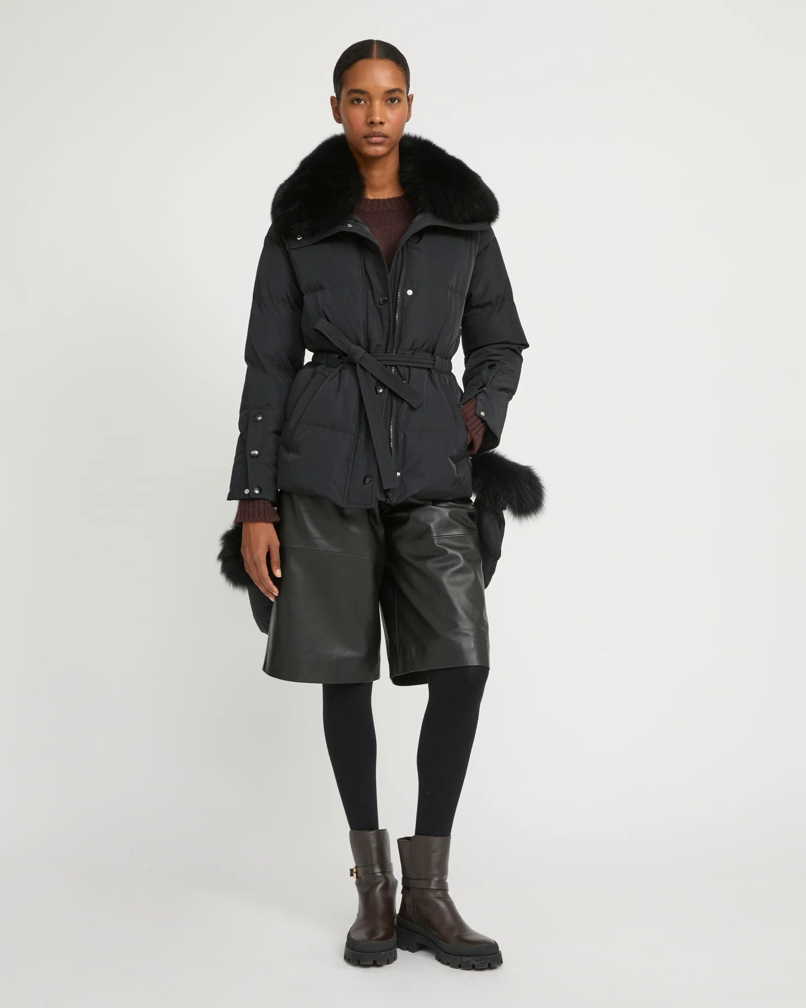Belted technical fabric down jacket with detachable fox fur collar - Image 2