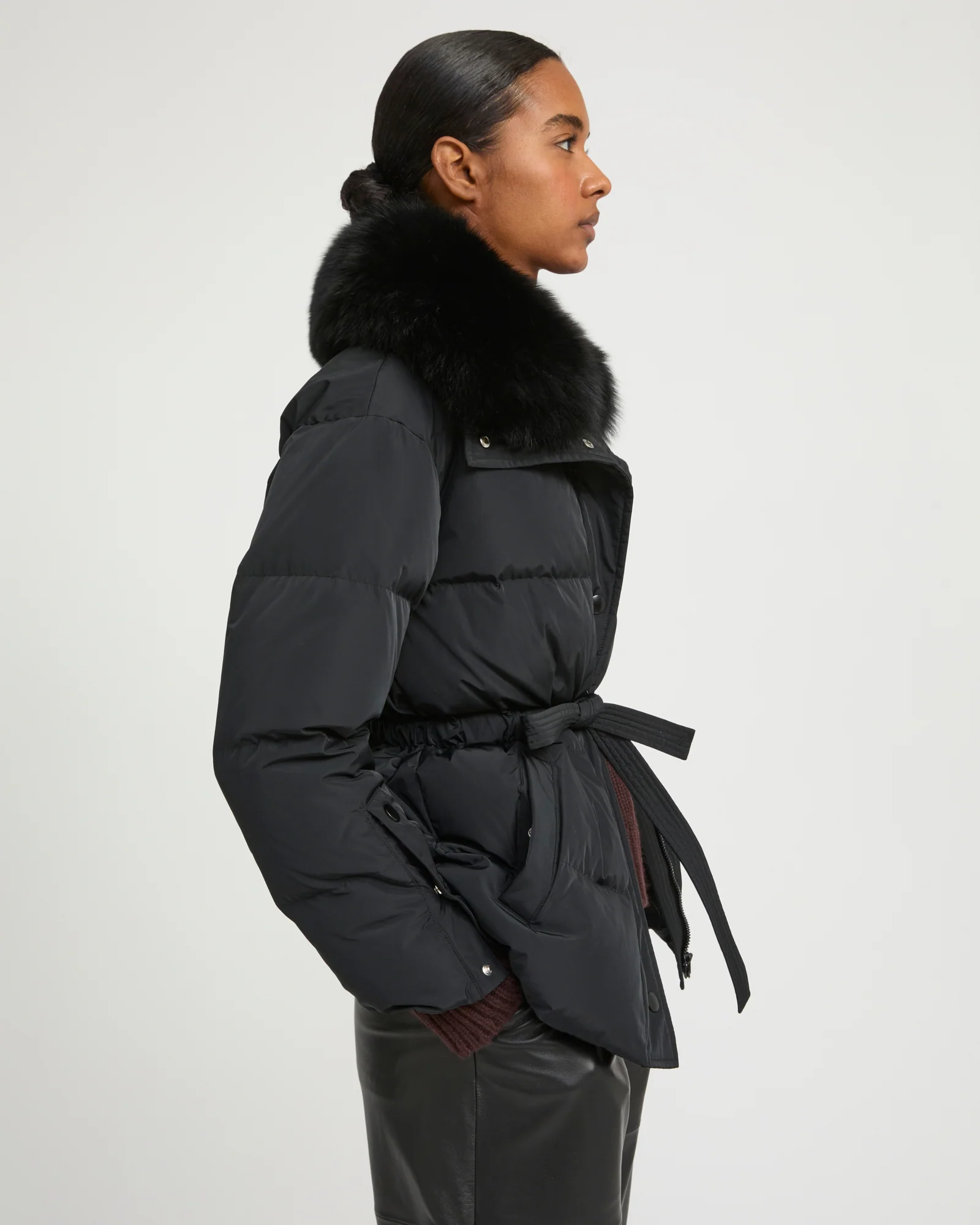 Belted technical fabric down jacket with detachable fox fur collar - Image 4