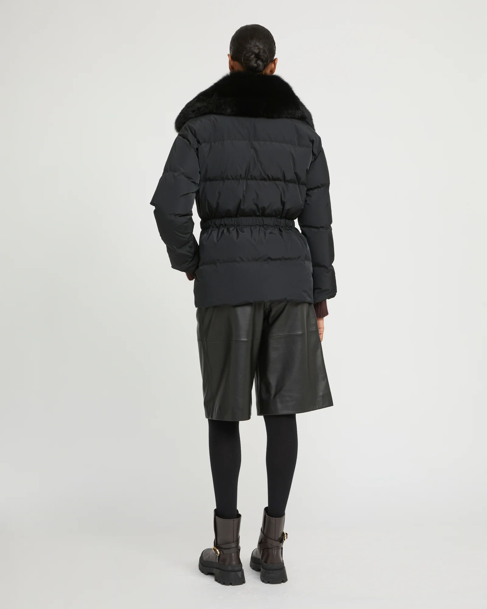 Belted technical fabric down jacket with detachable fox fur collar - Image 5