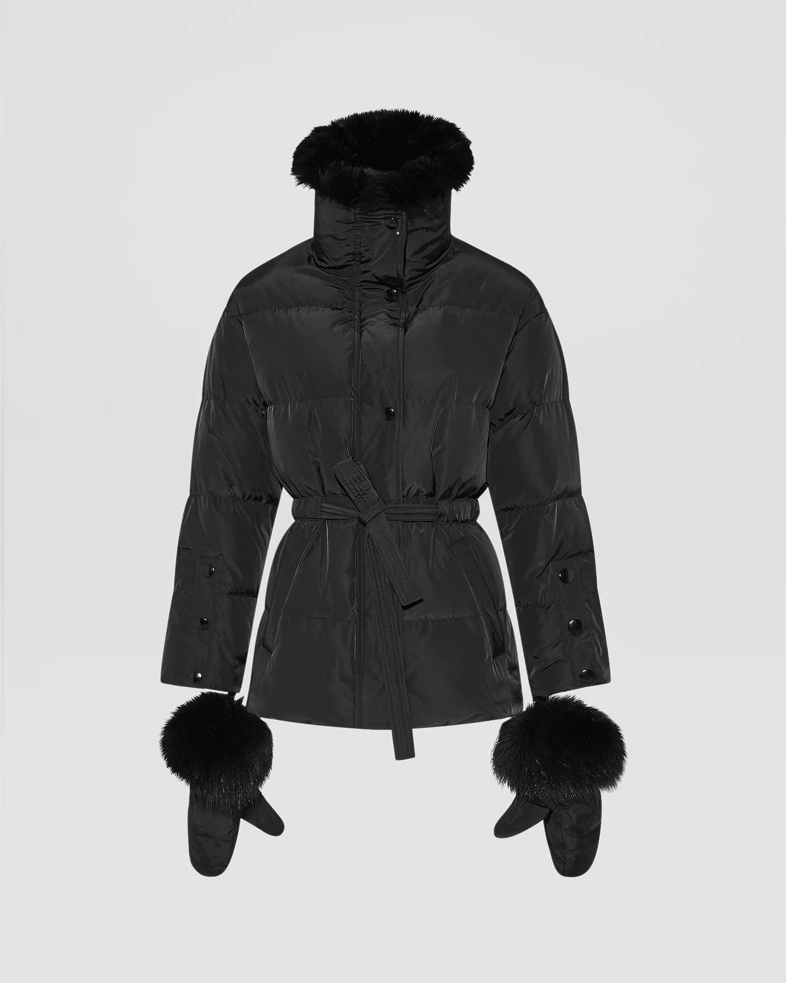 Belted technical fabric down jacket with detachable fox fur collar - Image 6