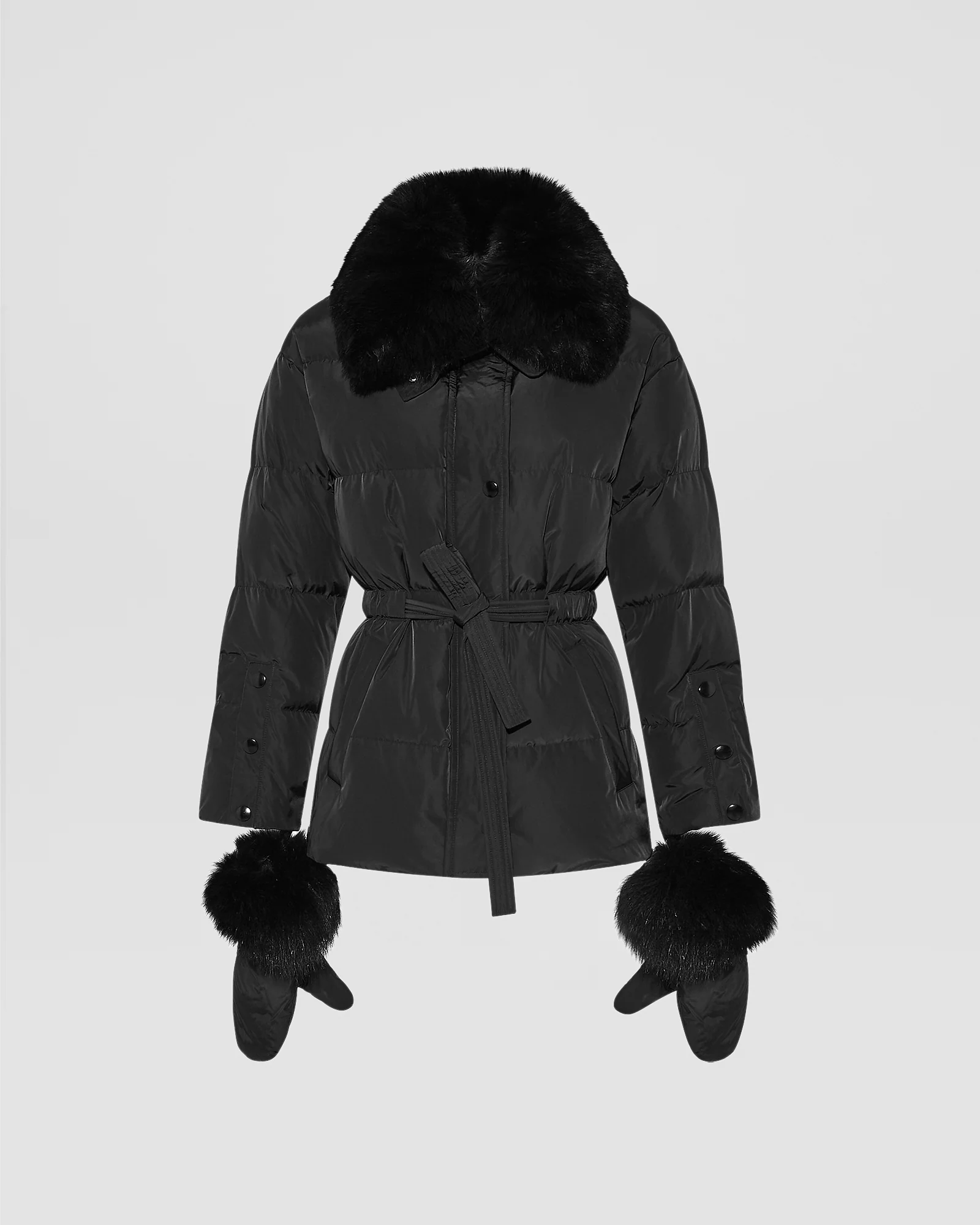 Belted technical fabric down jacket with detachable fox fur collar - Image 7