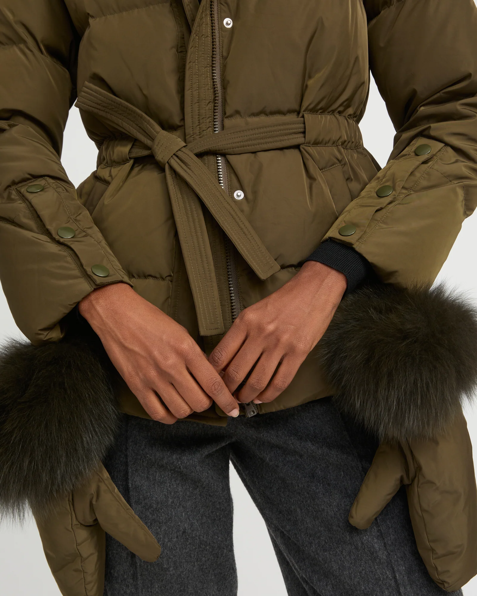 Belted technical fabric down jacket with detachable fox fur collar - Image 2