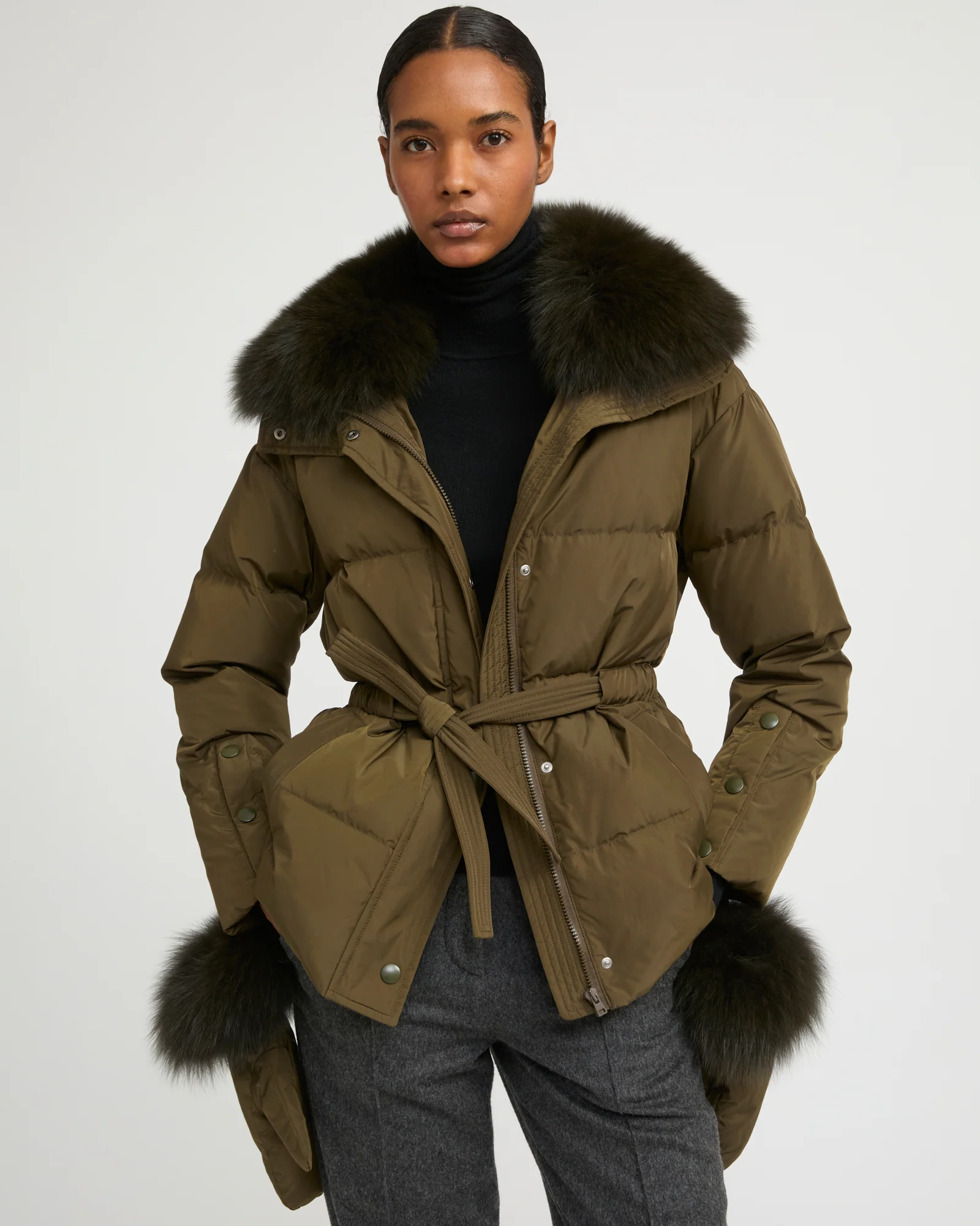Belted technical fabric down jacket with detachable fox fur collar - Image 3