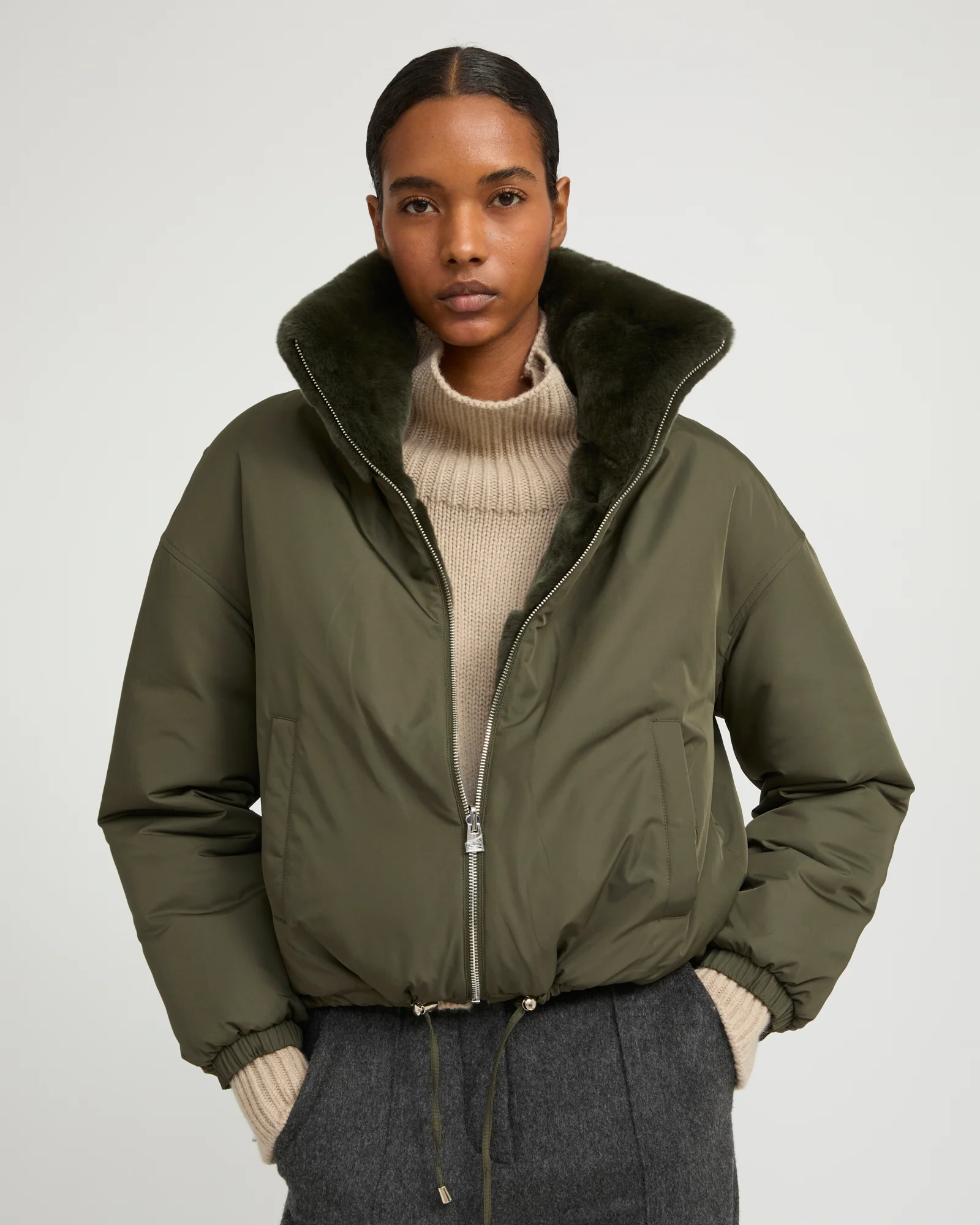 Boxy jacket in technical fabric reversible rex rabbit fur - Image 3