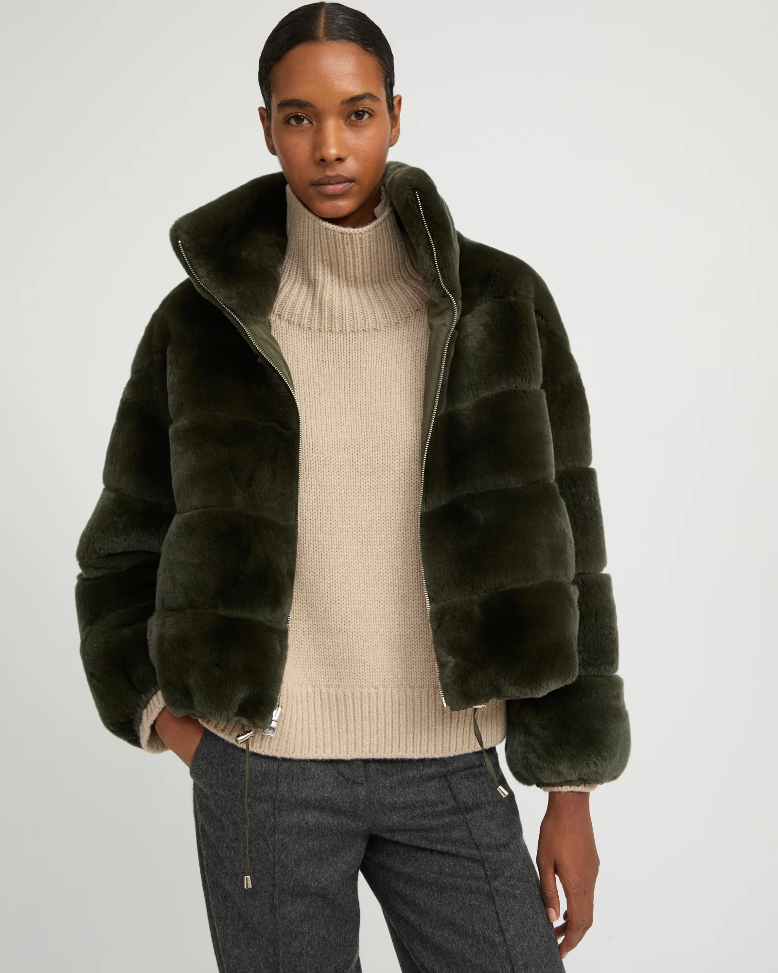 Boxy jacket in technical fabric reversible rex rabbit fur - Image 5