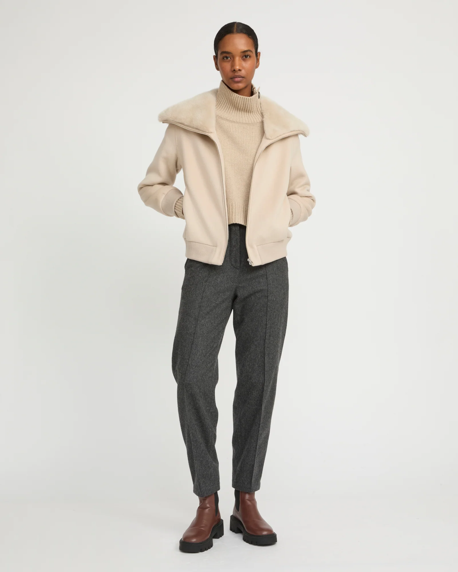Cashmere-blend cropped blouson with removable mink fur collar - Image 3