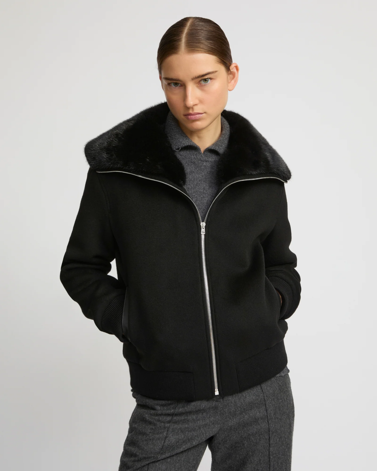 Cashmere-blend cropped blouson with removable mink fur collar - Image 4