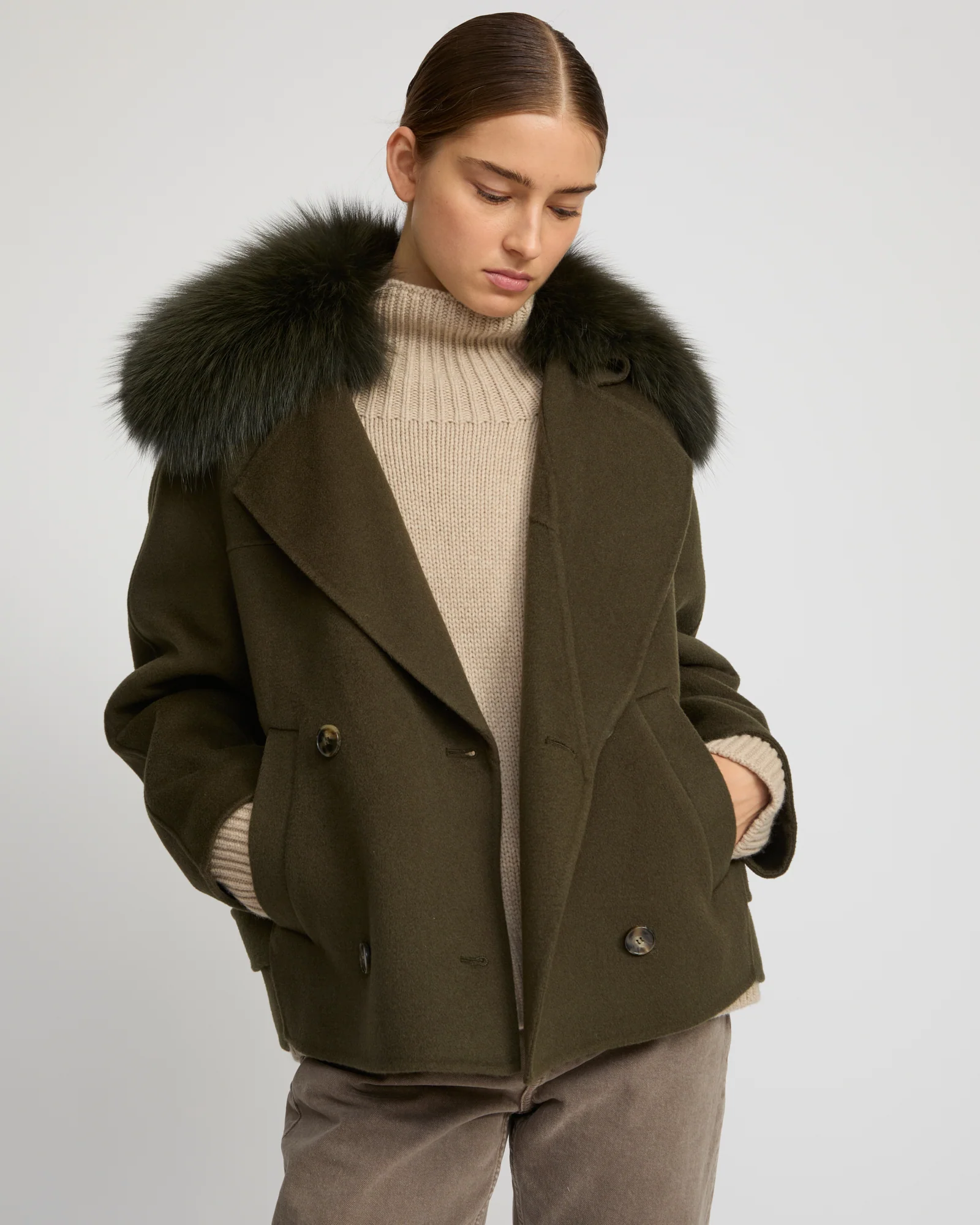 Cashmere-blend pea jacket with removable fox fur collar - Image 3