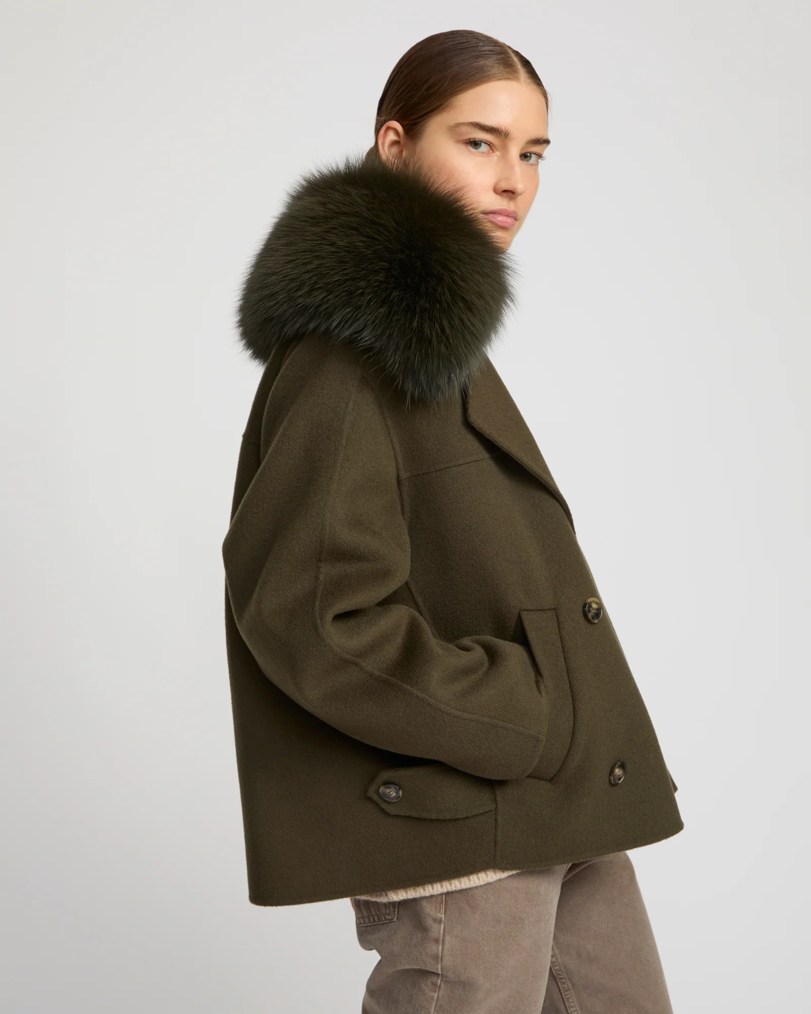 Cashmere-blend pea jacket with removable fox fur collar - Image 4