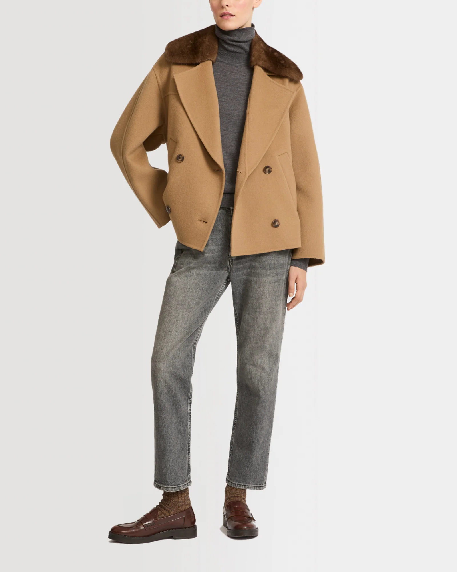 Cashmere blend pea jacket with removable mink collar - Image 4
