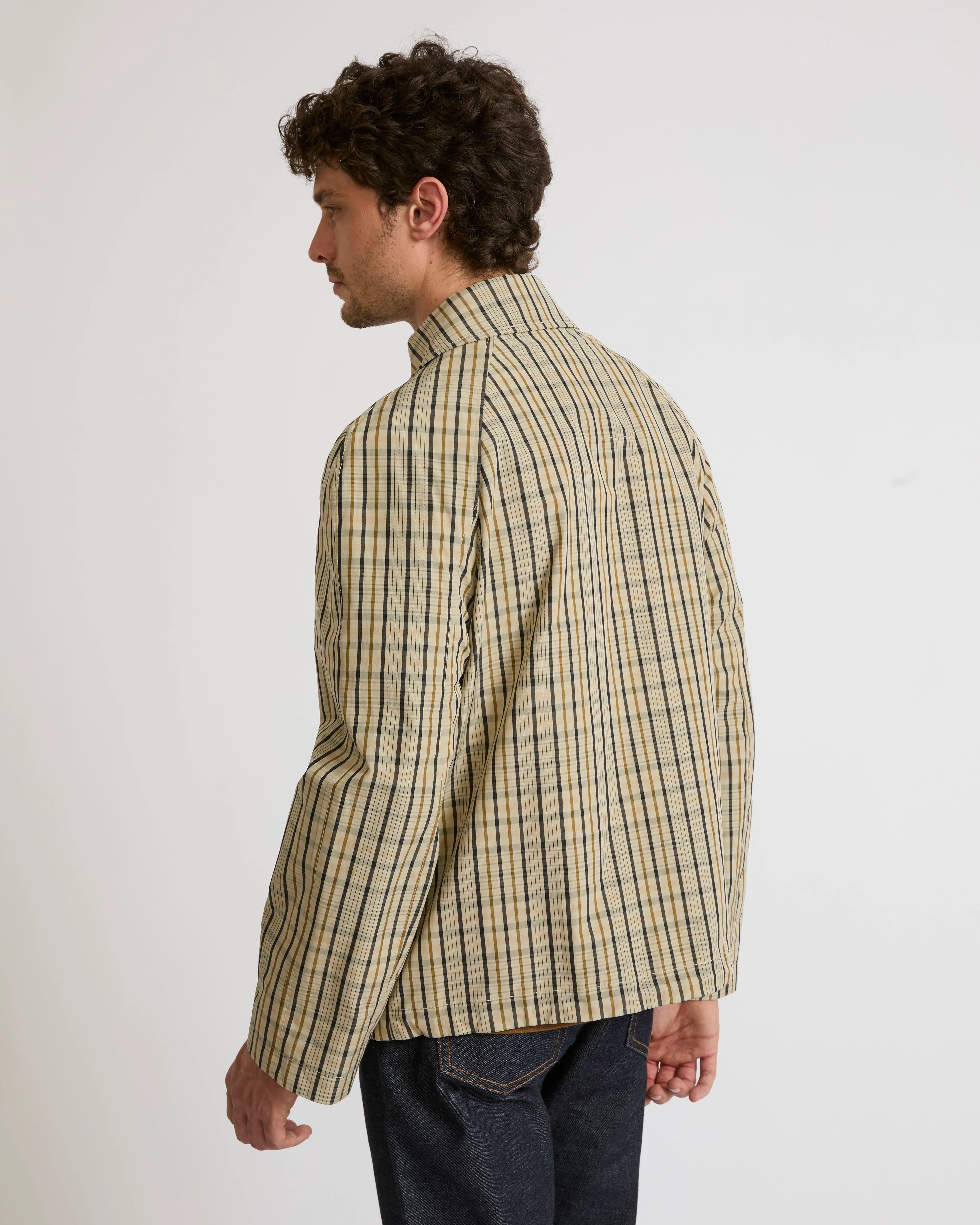 Check pattern fabric jacket with leather details - Image 3