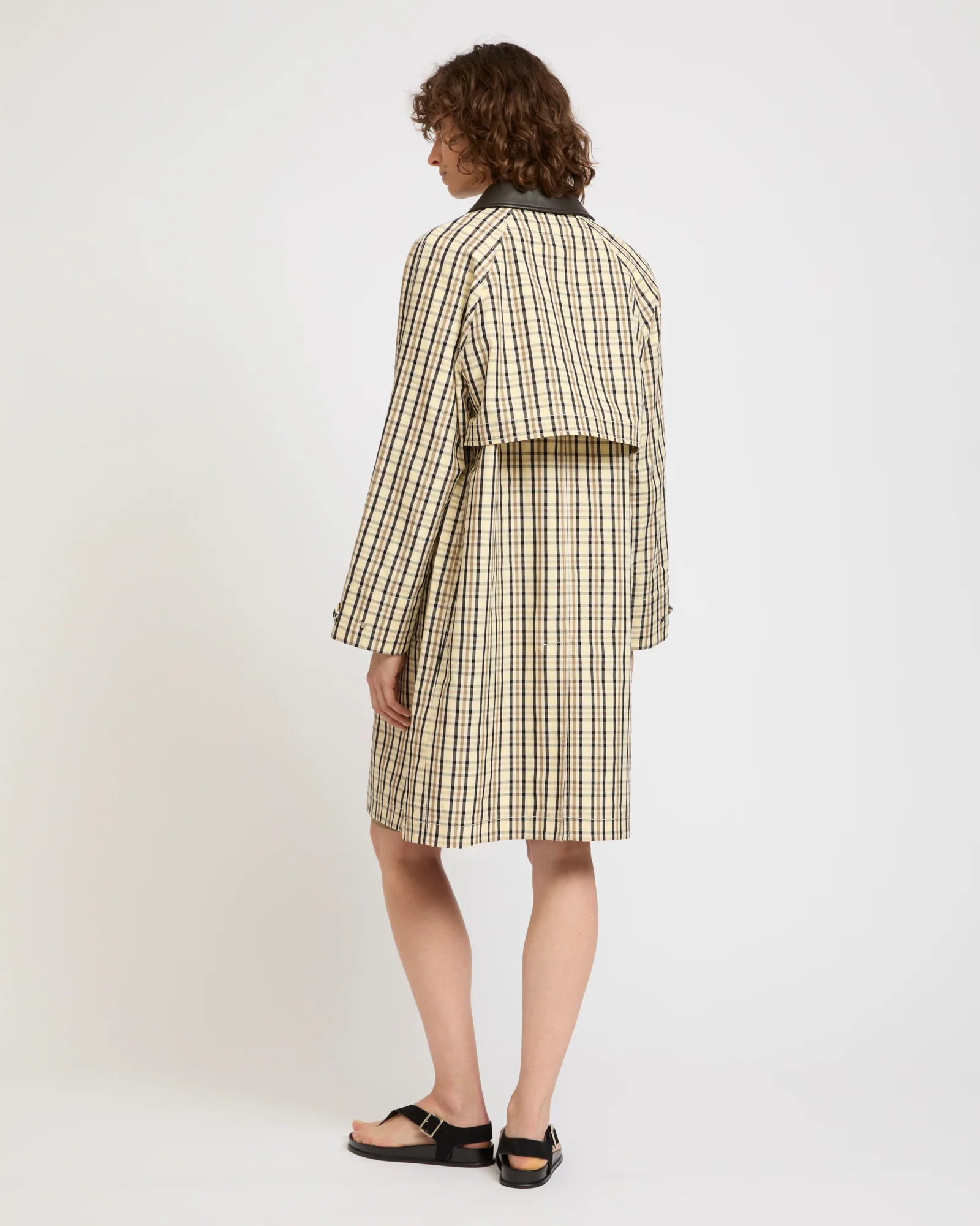 Check pattern jacquard fabric parka with leather collar - Image 4