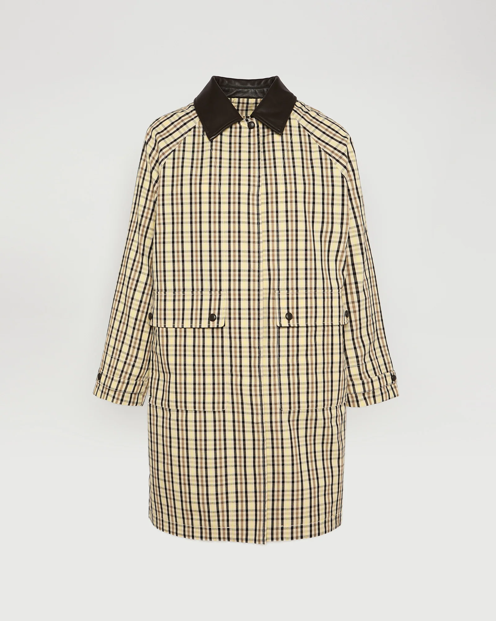 Check pattern jacquard fabric parka with leather collar - Image 5