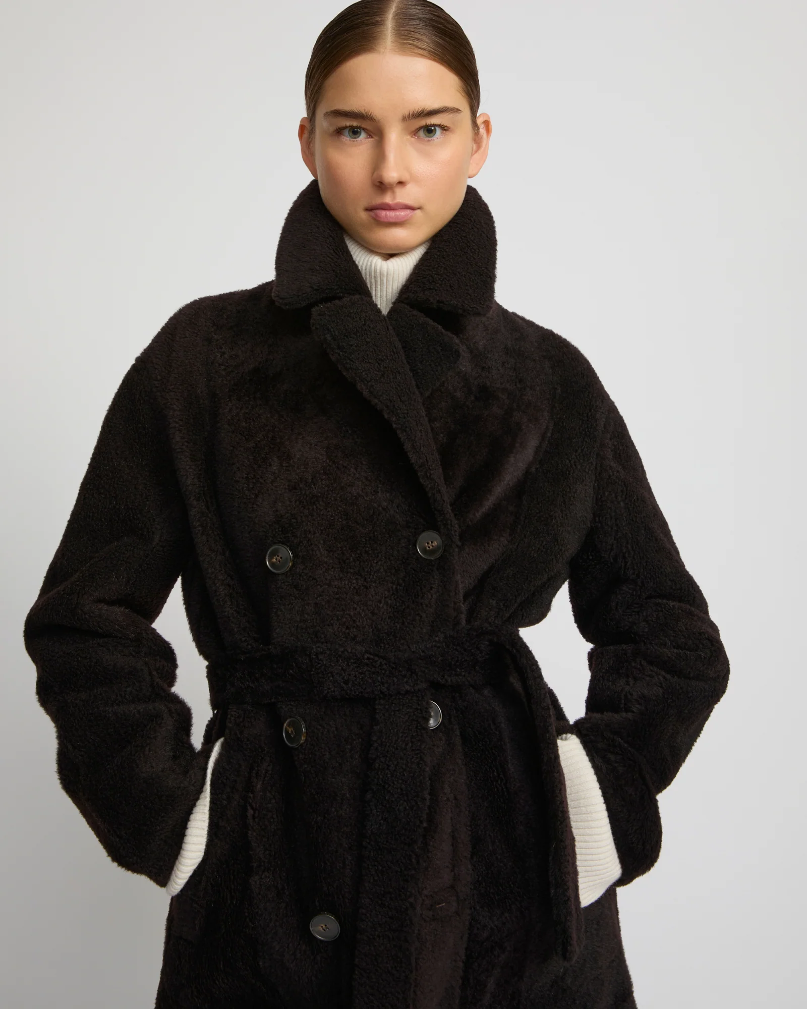 Double-breasted astrakan-style lambskin shearling long coat - Image 3