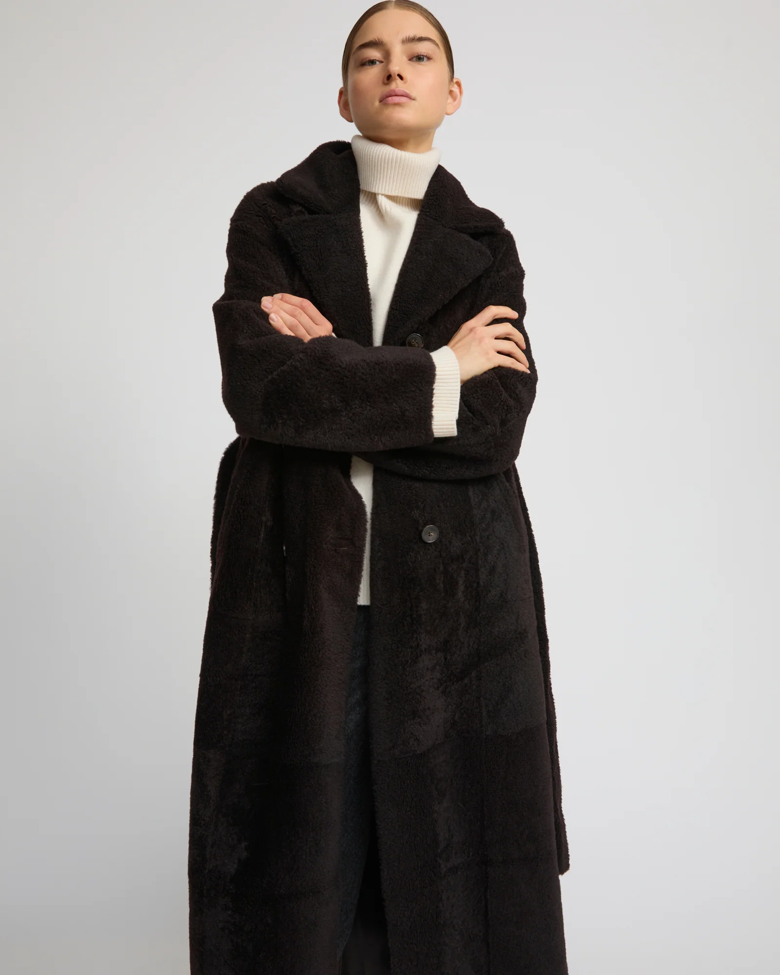 Double-breasted astrakan-style lambskin shearling long coat - Image 4