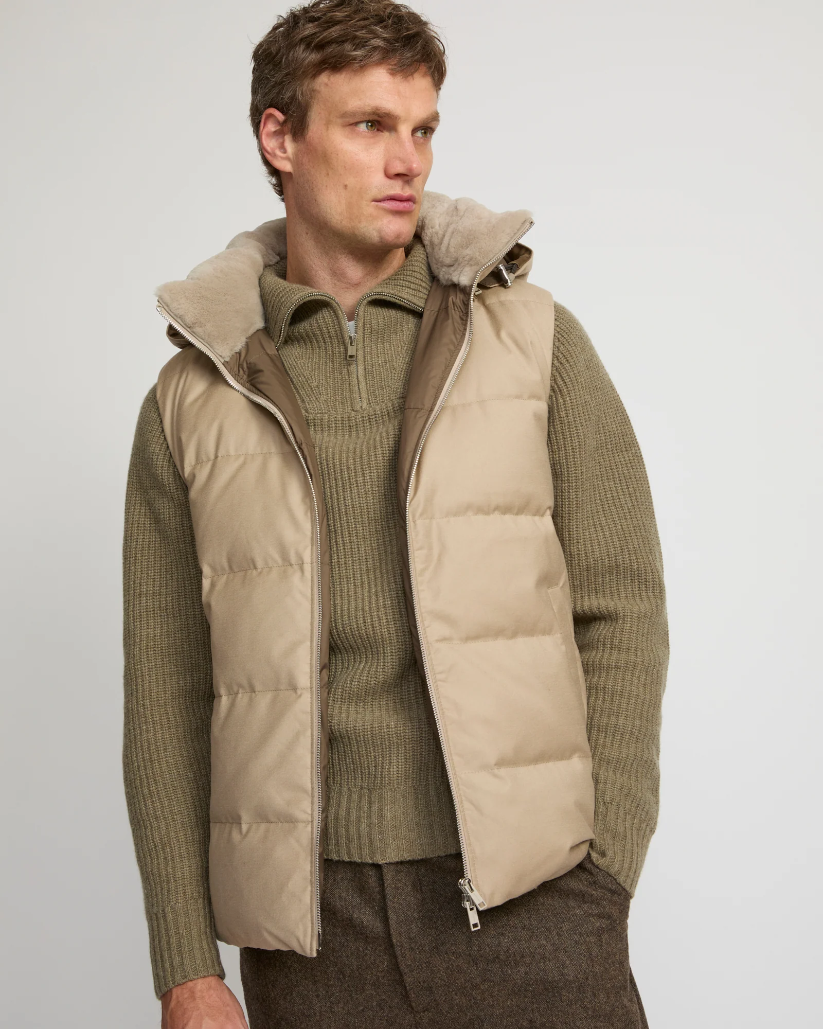 Down Gilet made with Loro Piana fabric with mink fur trim - Image 3