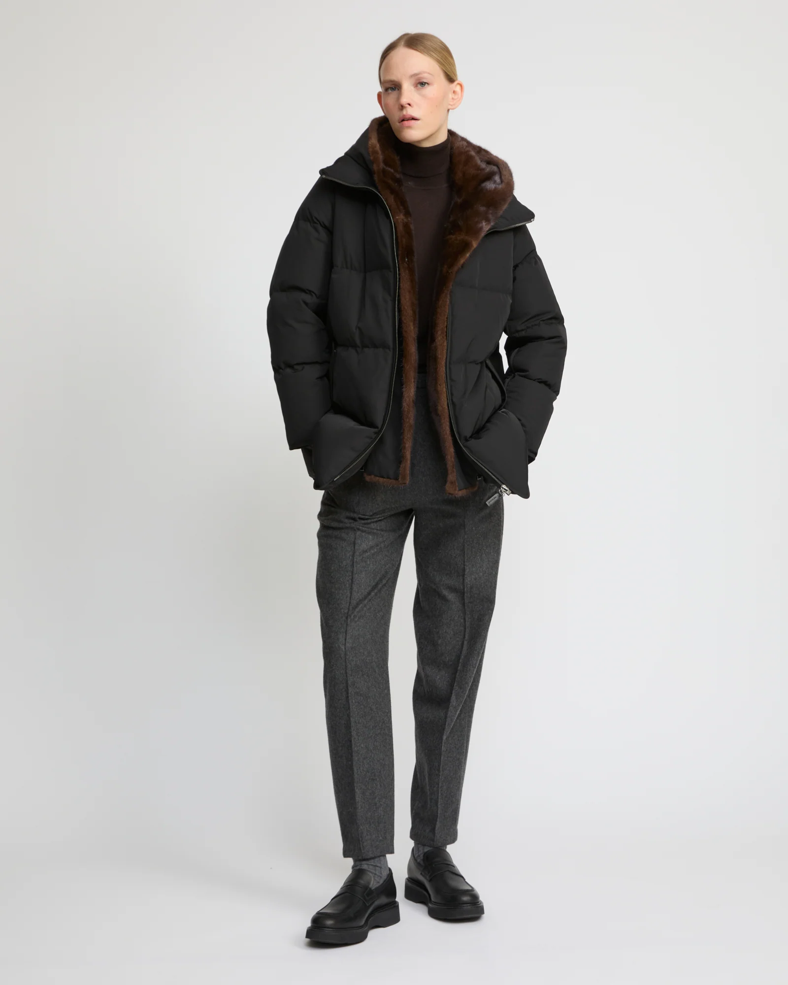 "A" Line down jacket in technical fabric and mink fur - Image 3