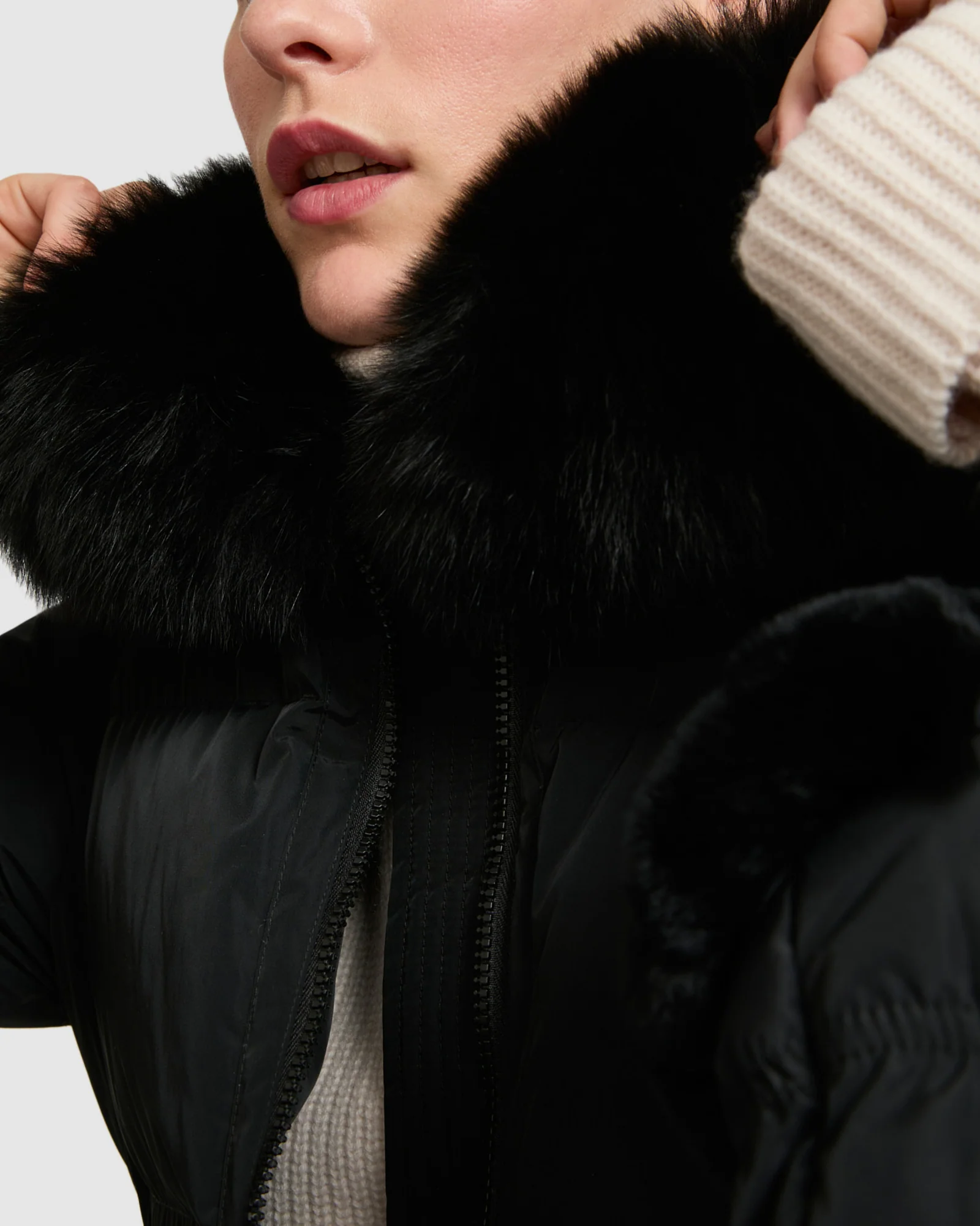 Long belted down jacket in technical fabric with fur collar - Image 3