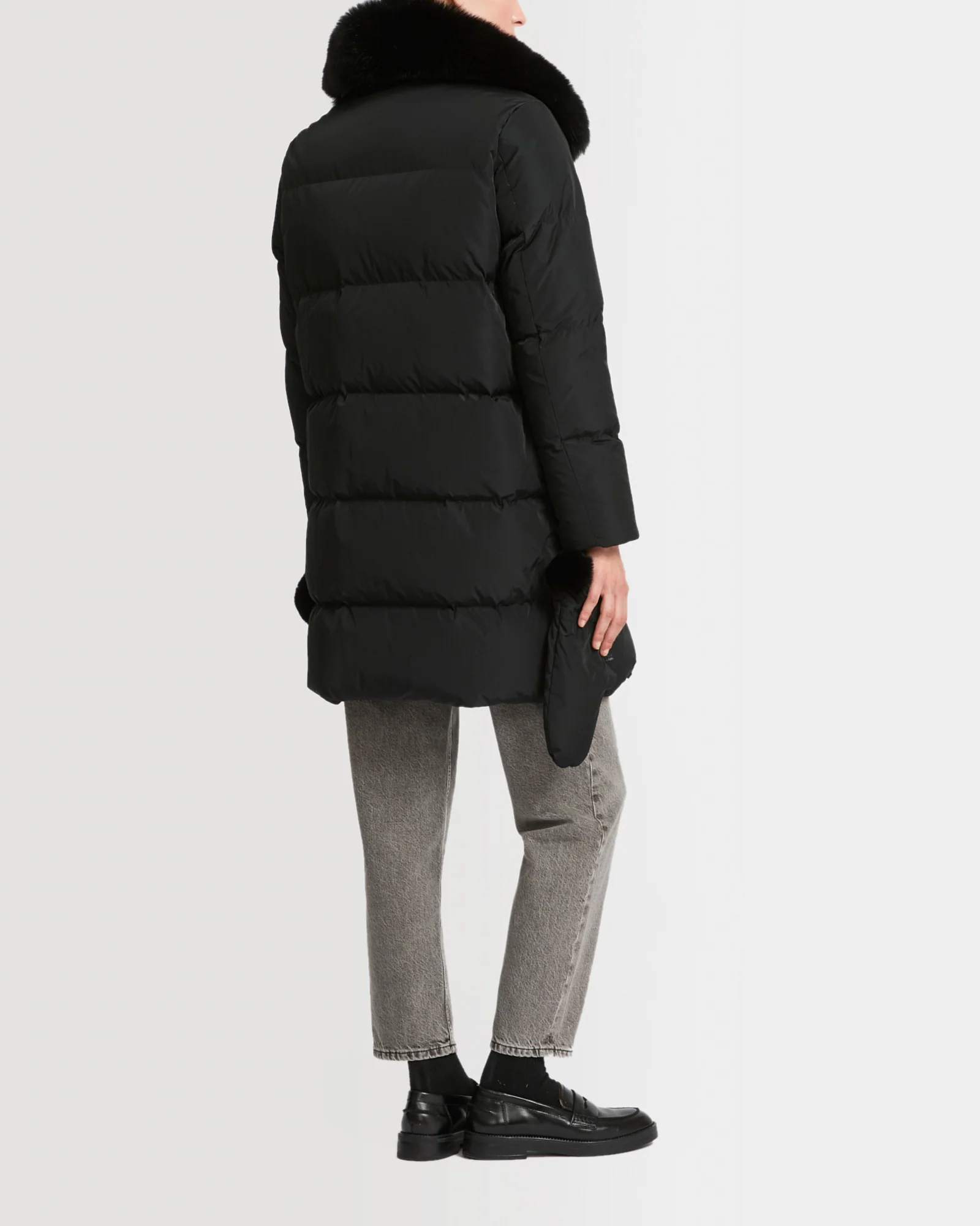 Long belted down jacket in technical fabric with fur collar - Image 4