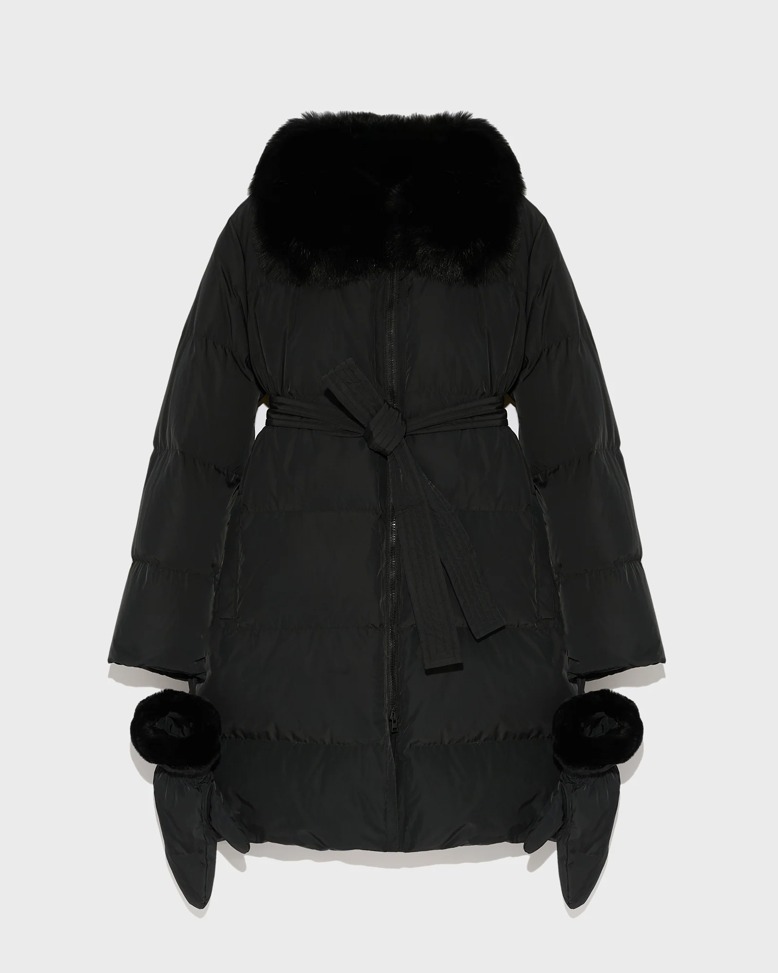 Long belted down jacket in technical fabric with fur collar - Image 5