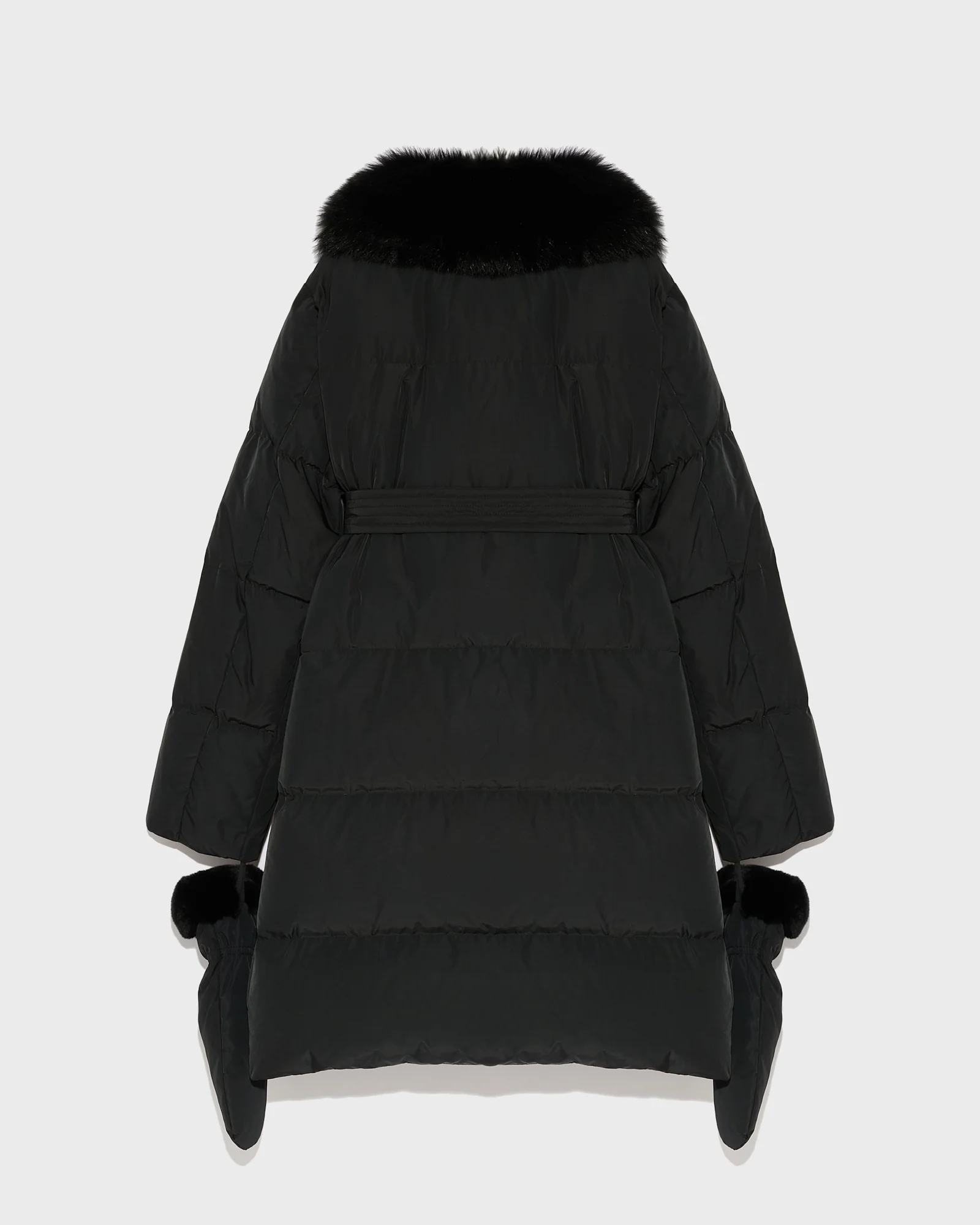 Long belted down jacket in technical fabric with fur collar - Image 6