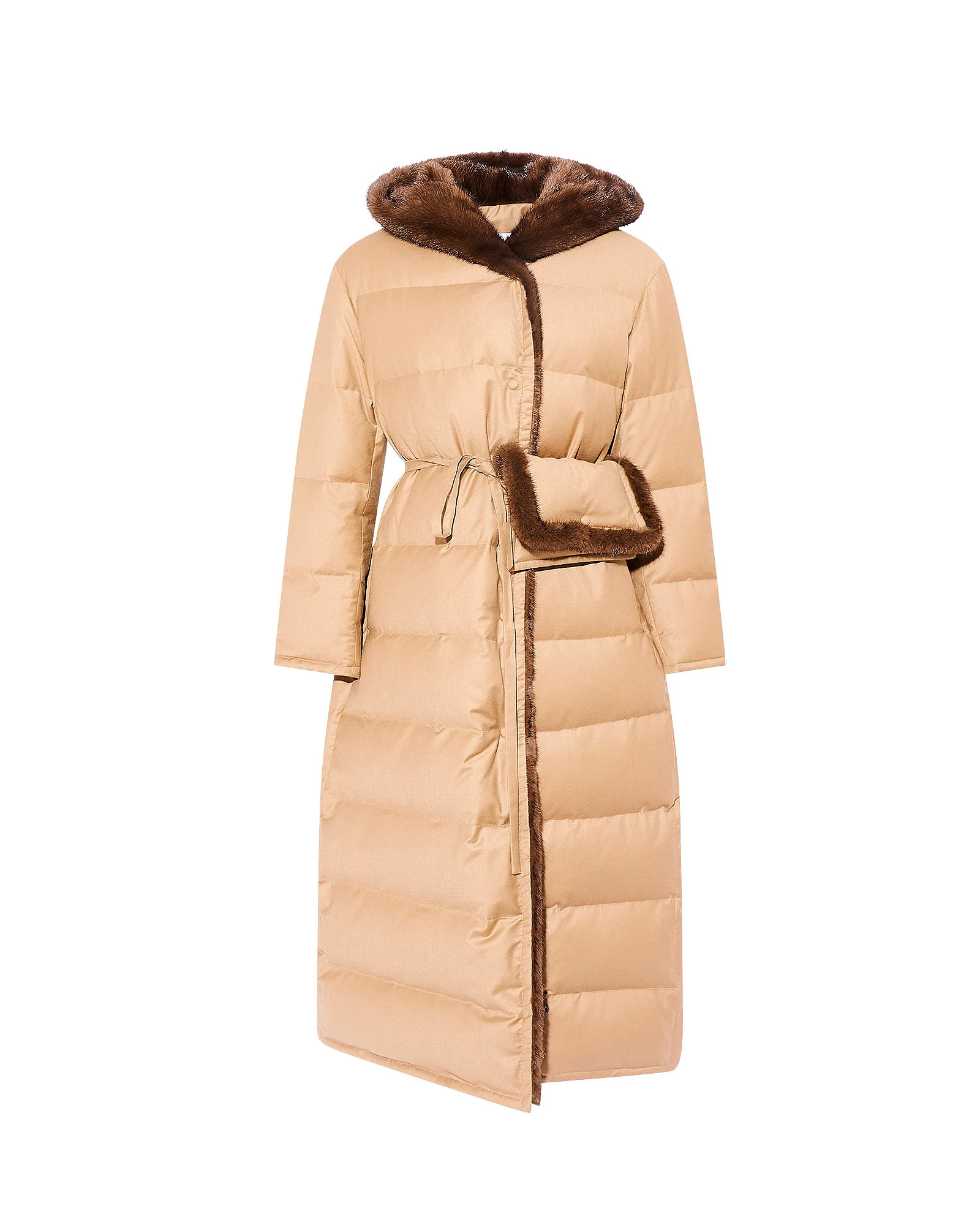 Down maxi belted coat in Loro Piana flannel fabric and mink fur - Image 6