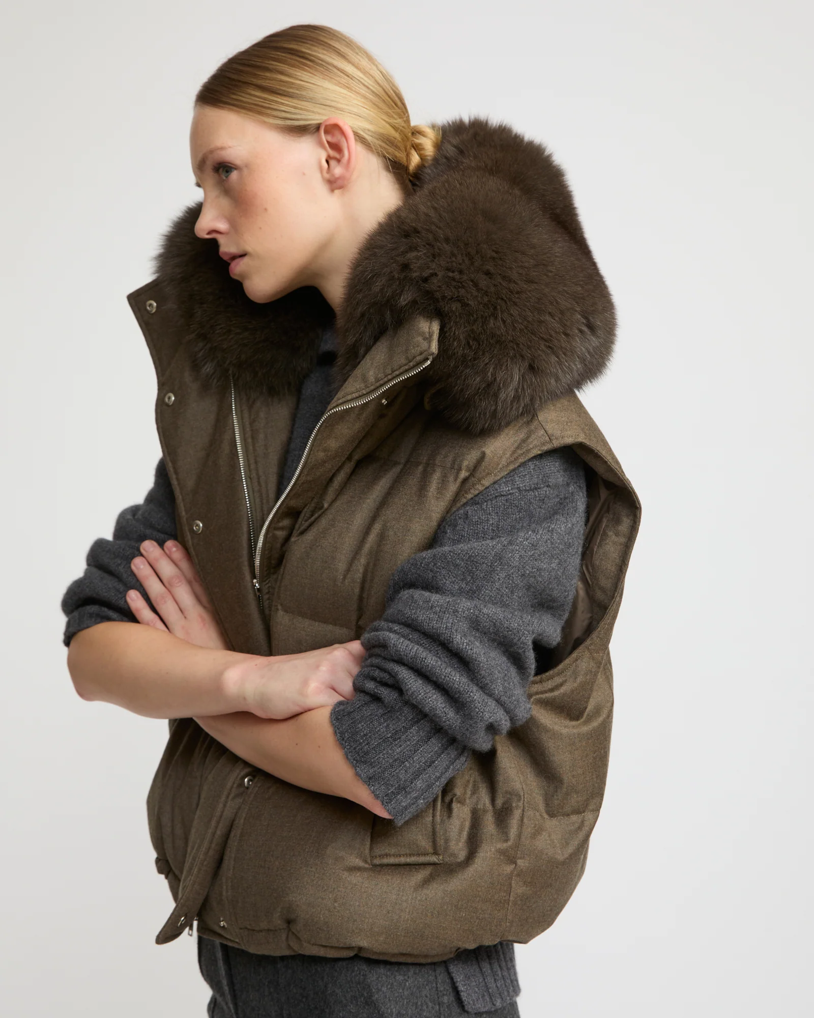 Flannel down gilet with fox fur collar - Image 3