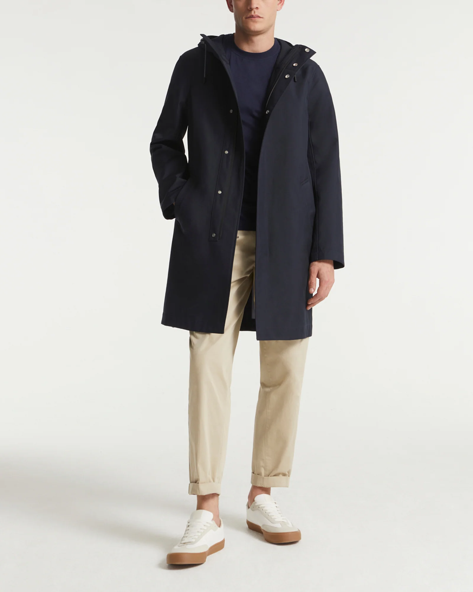 Hooded coat in double-sided fabric with leather details