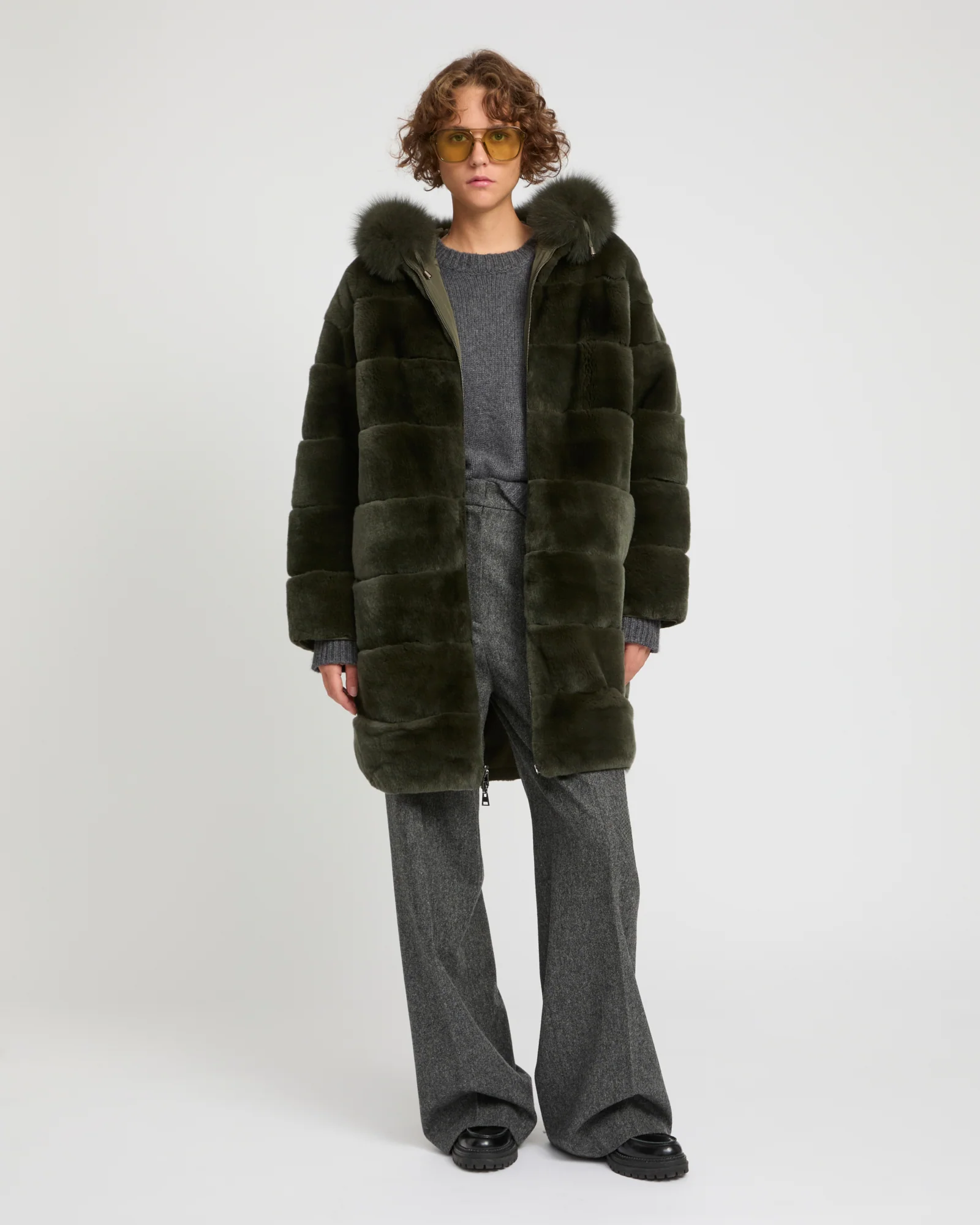 Hooded coat in technical fabric reversible rex rabbit fur