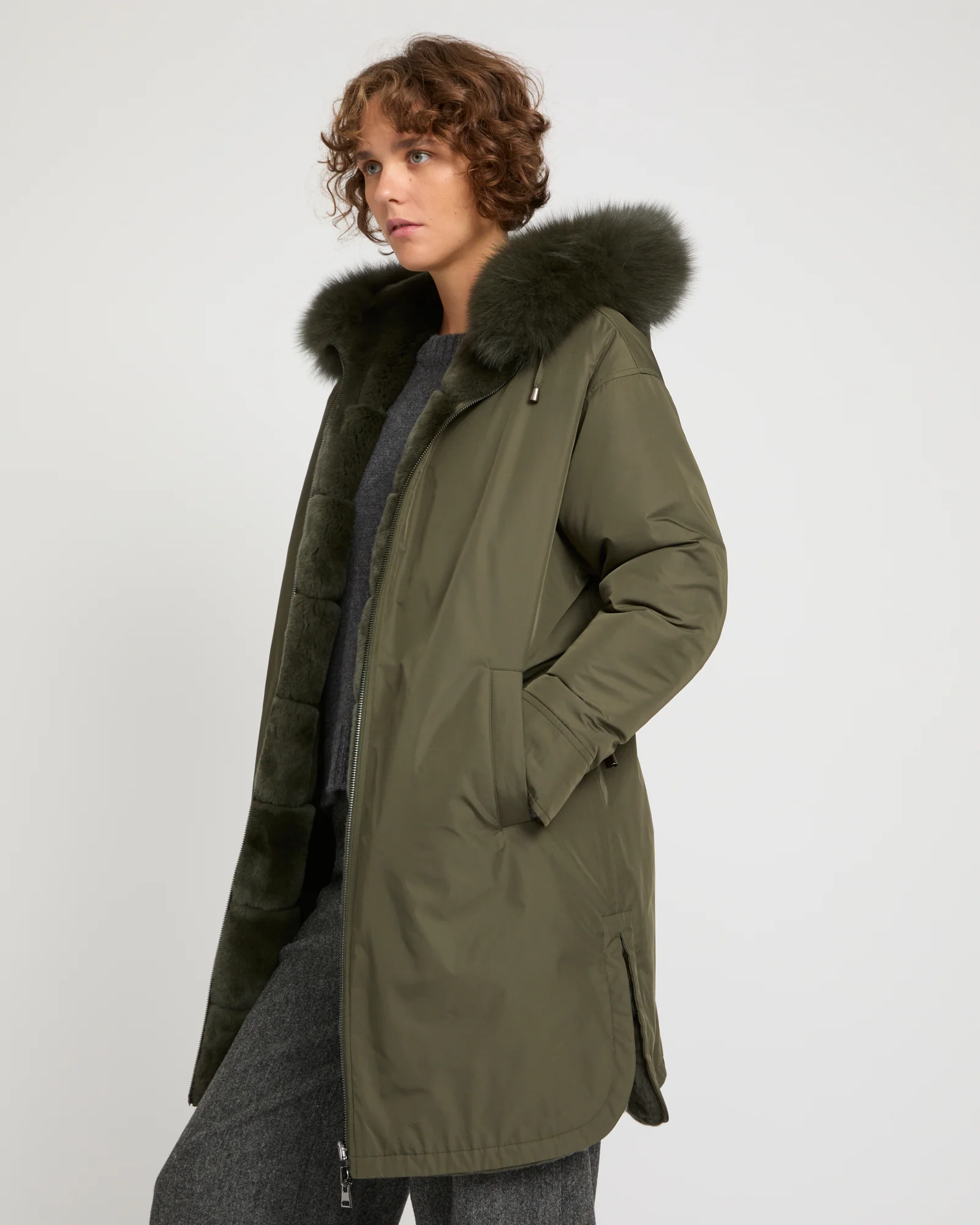 Hooded coat in technical fabric reversible rex rabbit fur - Image 3