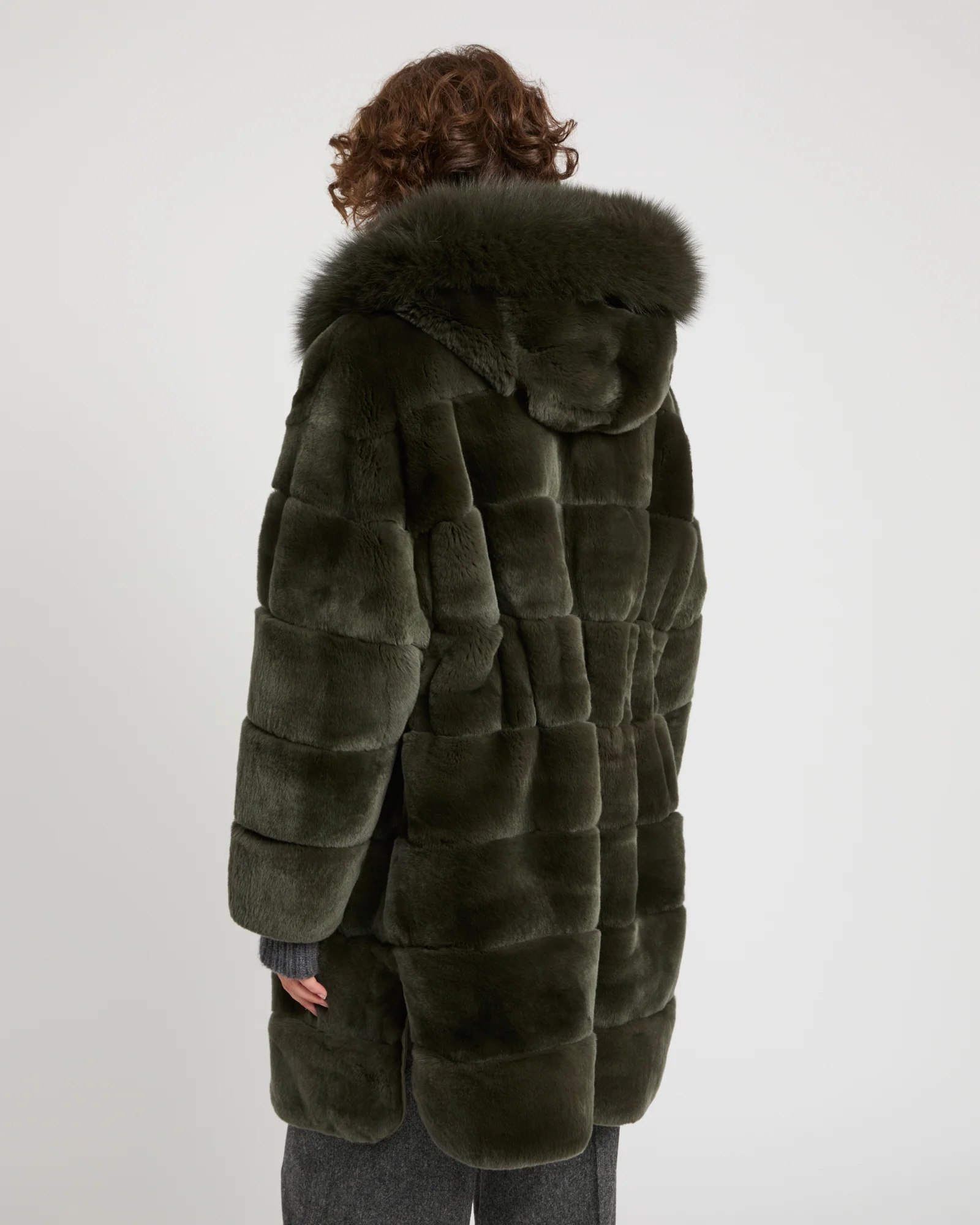 Hooded coat in technical fabric reversible rex rabbit fur - Image 4