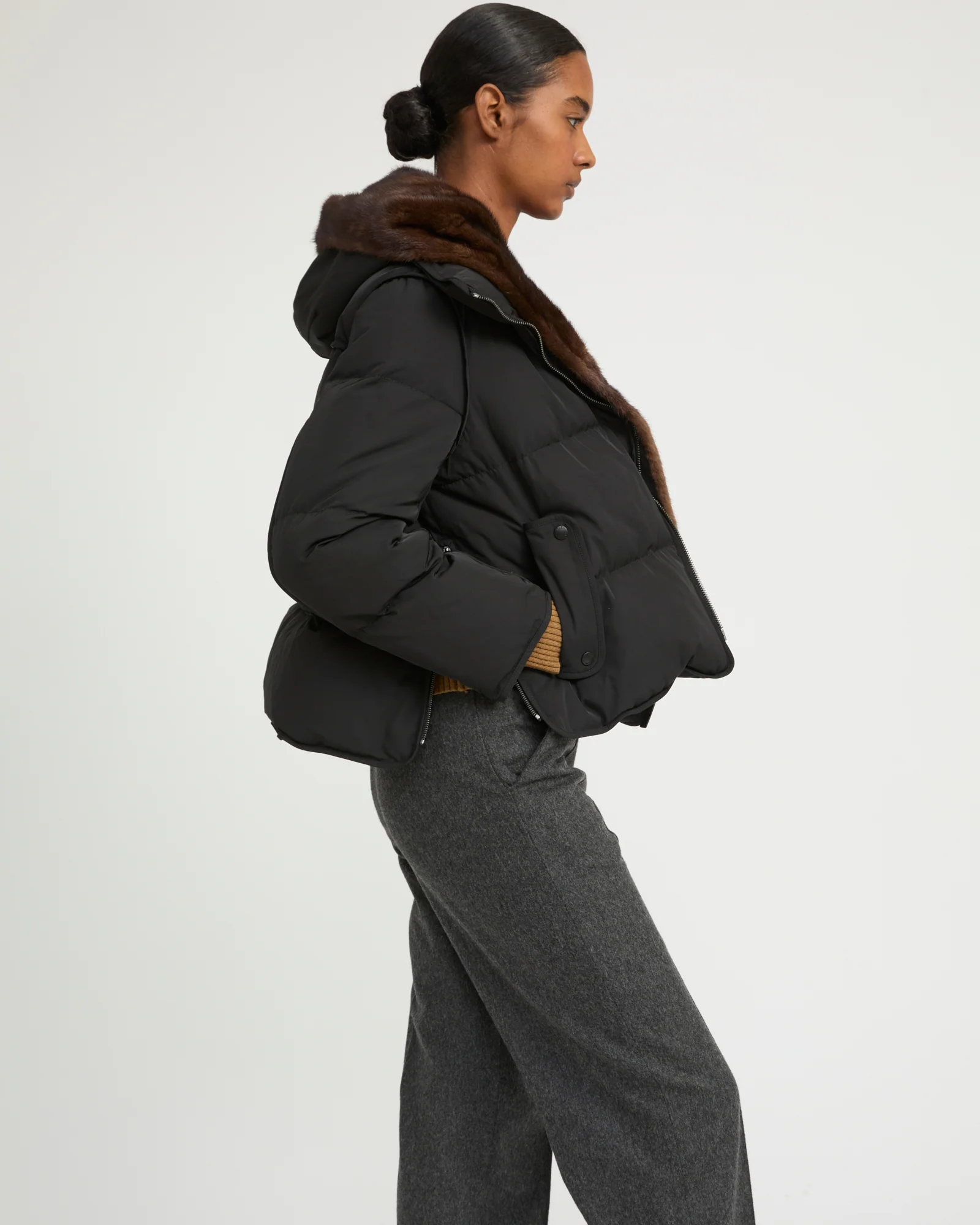 Iconic "A" line down jacke with mink fur hooded bib - Image 3