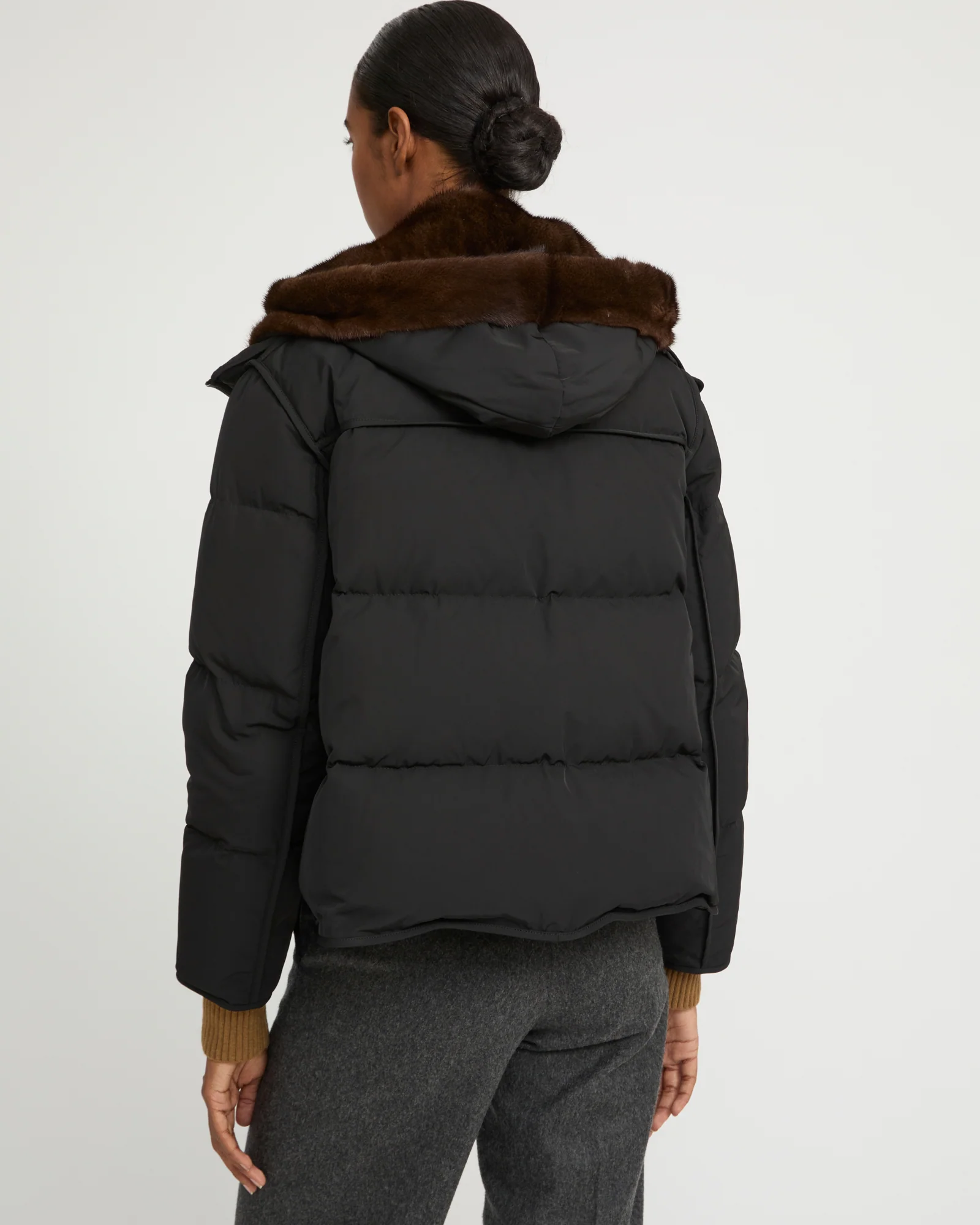 Iconic "A" line down jacke with mink fur hooded bib - Image 4
